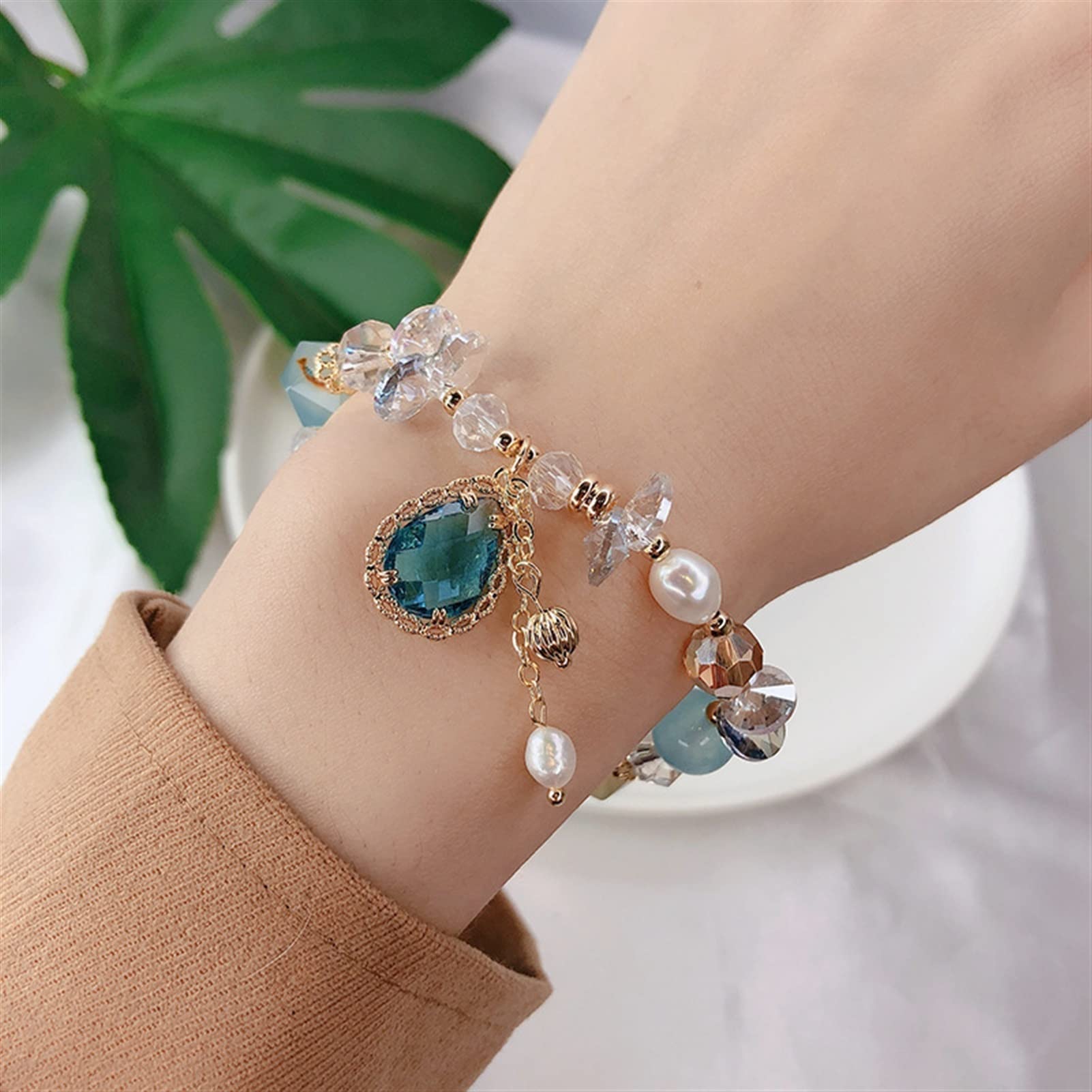 Bohemia Colgante de Gota de Agua Perlas Naturales de Agua Dulce Color Caramelo Cuentas de Piedra de Cristal Pulseras para Mujeres joyería de Moda Pulsera joyería