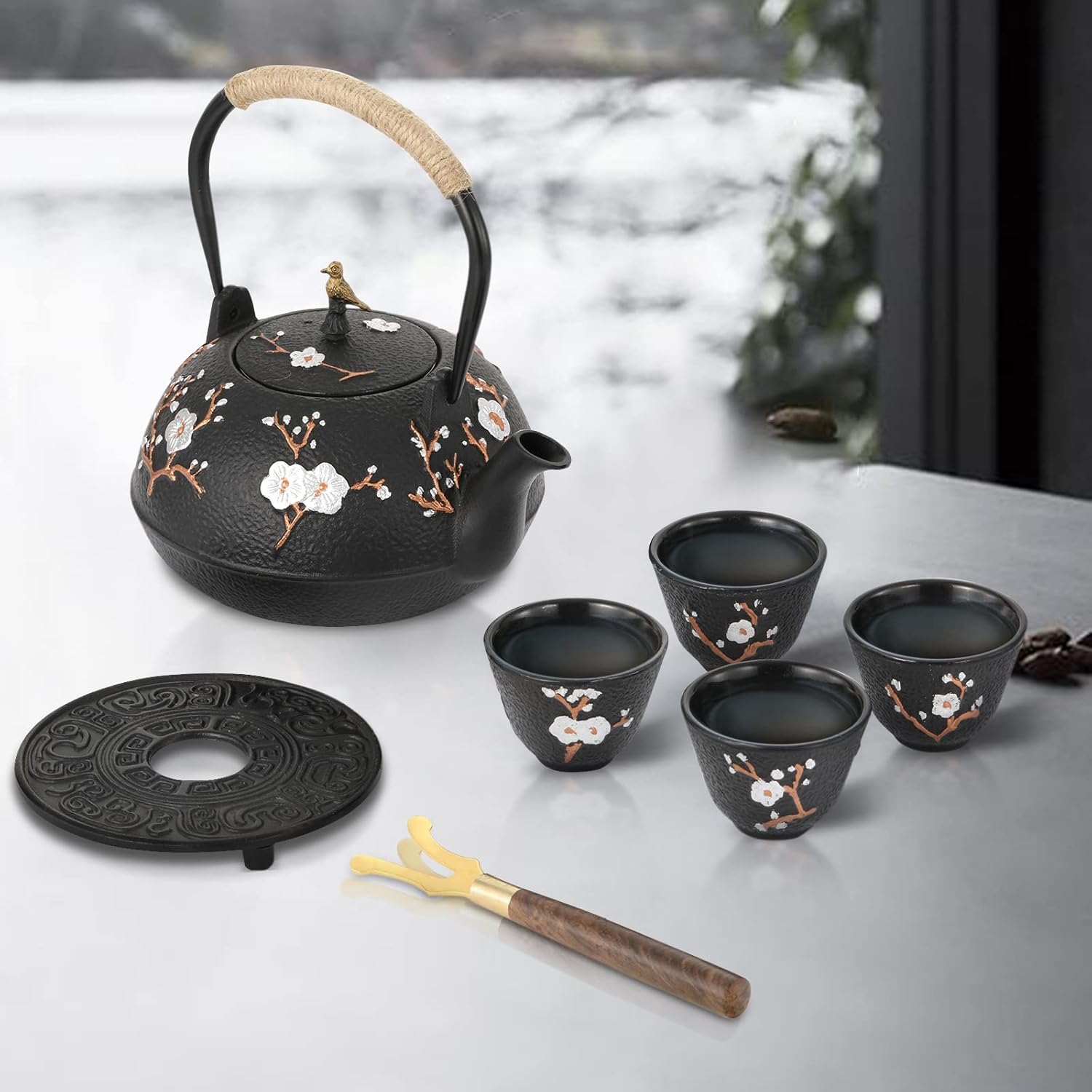 Dyna-Living Cast Iron Teapot 1200ml/40.6oz Japanese Tea Set with 4 Tea Cups Japanese Cast Iron Teapot with Infuser Japanese Tea Kettle Stovetop Gift for Tea Lover