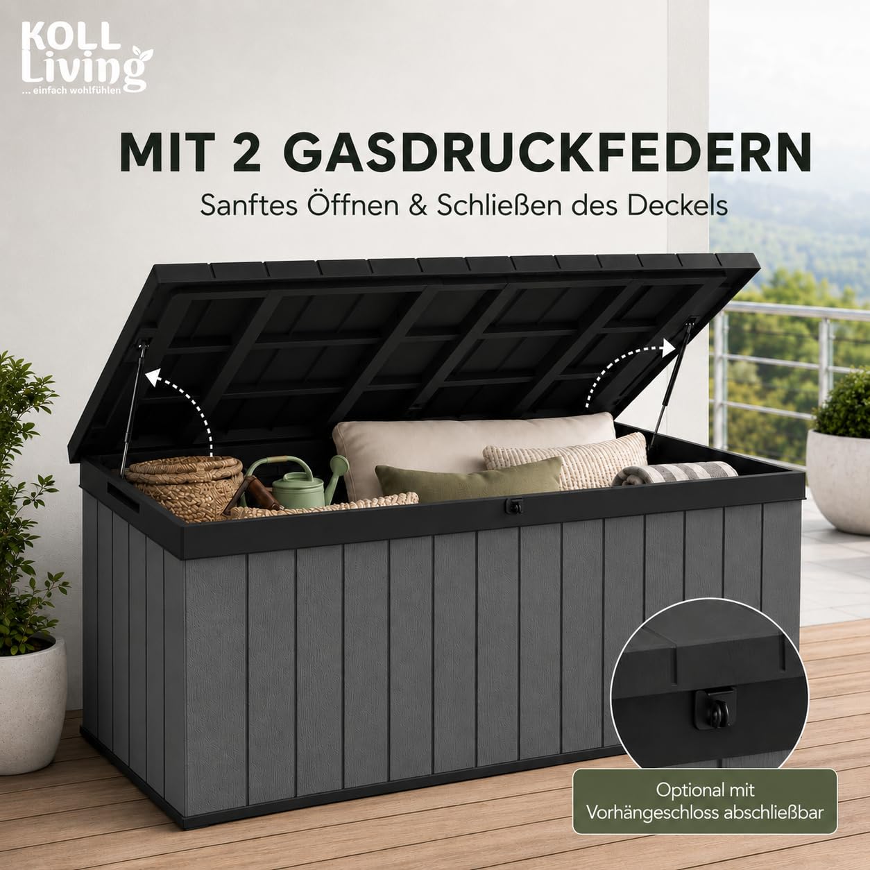 Koll Living Auflagenbox/Kissenbox 380 Liter l 100% Wasserdicht l mit Belüftung dadurch kein übler Geruch/Schimmel l Moderne Holzoptik l Deckel belastbar bis 300 KG (2 Personen)
