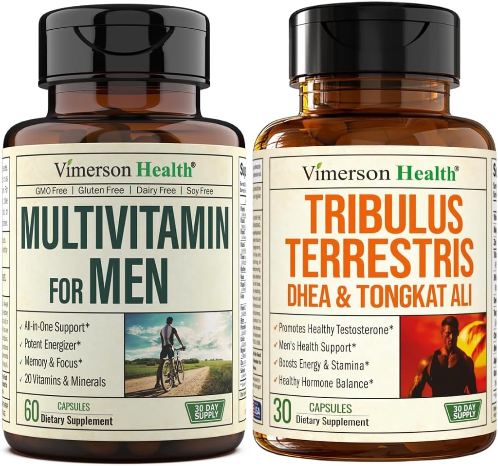 Multivitamin for Men & Tribulus Terrestris with DHEA and Tongkat Ali – Complete Men's Health Bundle for Energy, Vitality, Hormone Balance & Workout Performance