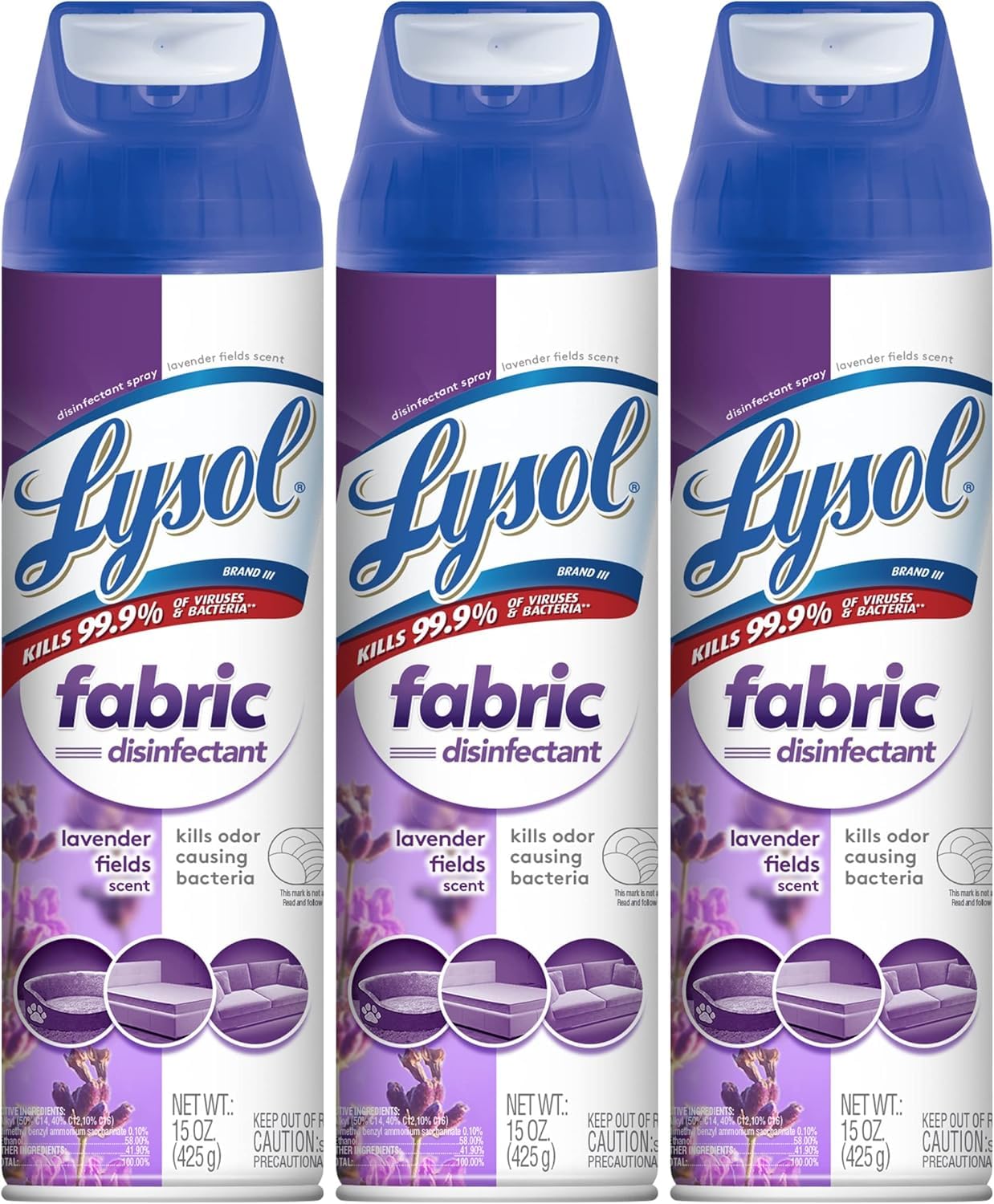 LysolFabric Disinfectant Spray, Sanitizing and Antibacterial Spray, For Disinfecting and Deodorizing Soft Furnishings, Lavender Fields 15 Fl. Oz (Pack of 3)