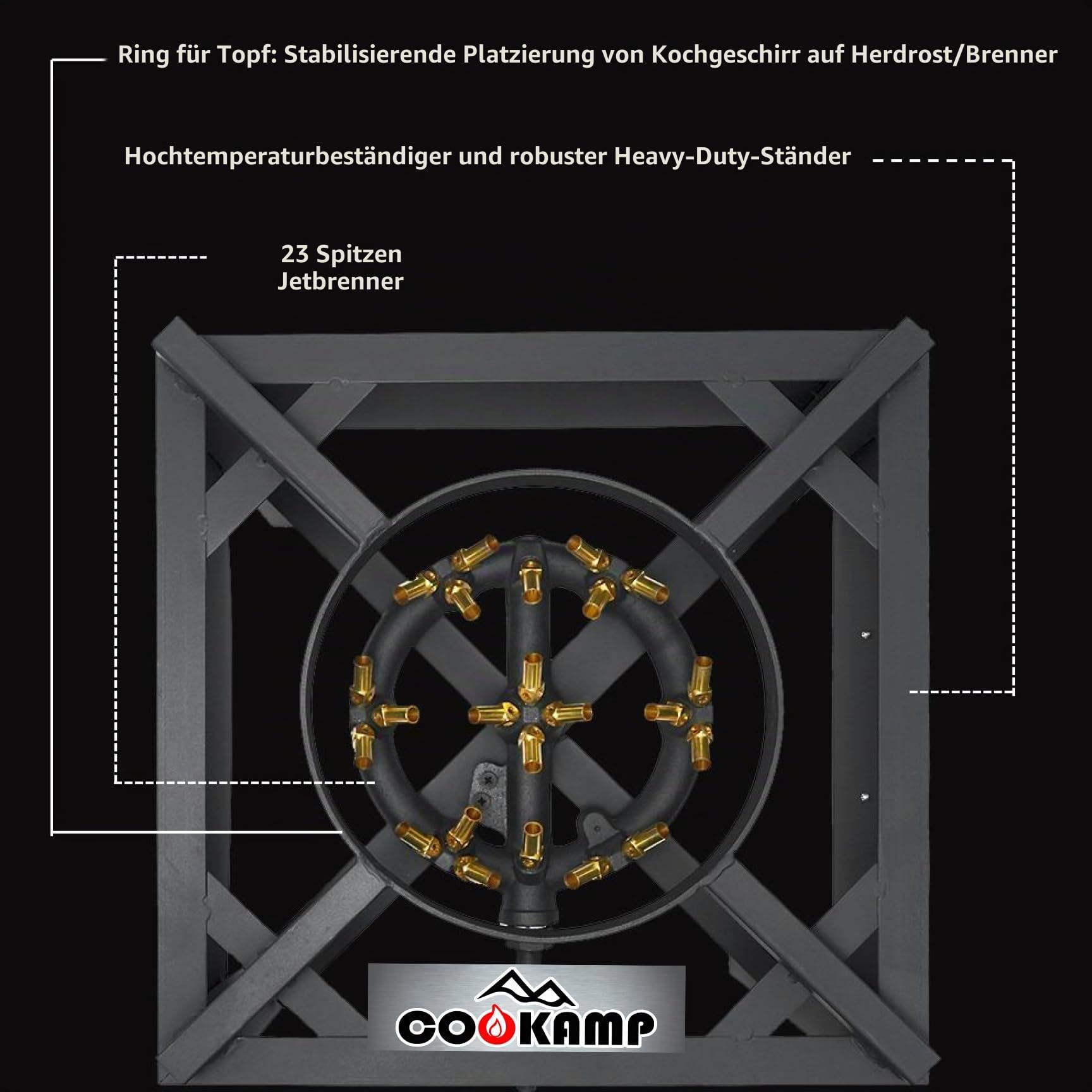 COOKAMP Jet Burner 23 Spitzen Outdoor Propangaskocher mit 0-20 PSI verstellbarem Regler und Stahlgeflechtschlauch SA1723