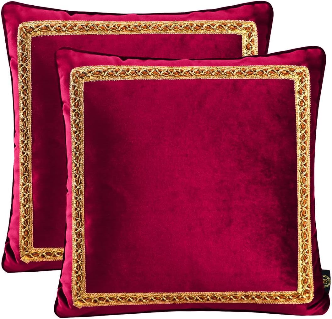 Decorative Velvet Throw Pillow Covers for Sofa Couch Bed Chair, Embroidery Pattern Design, Ruby Red, Pack of 2, 18x18 Inch