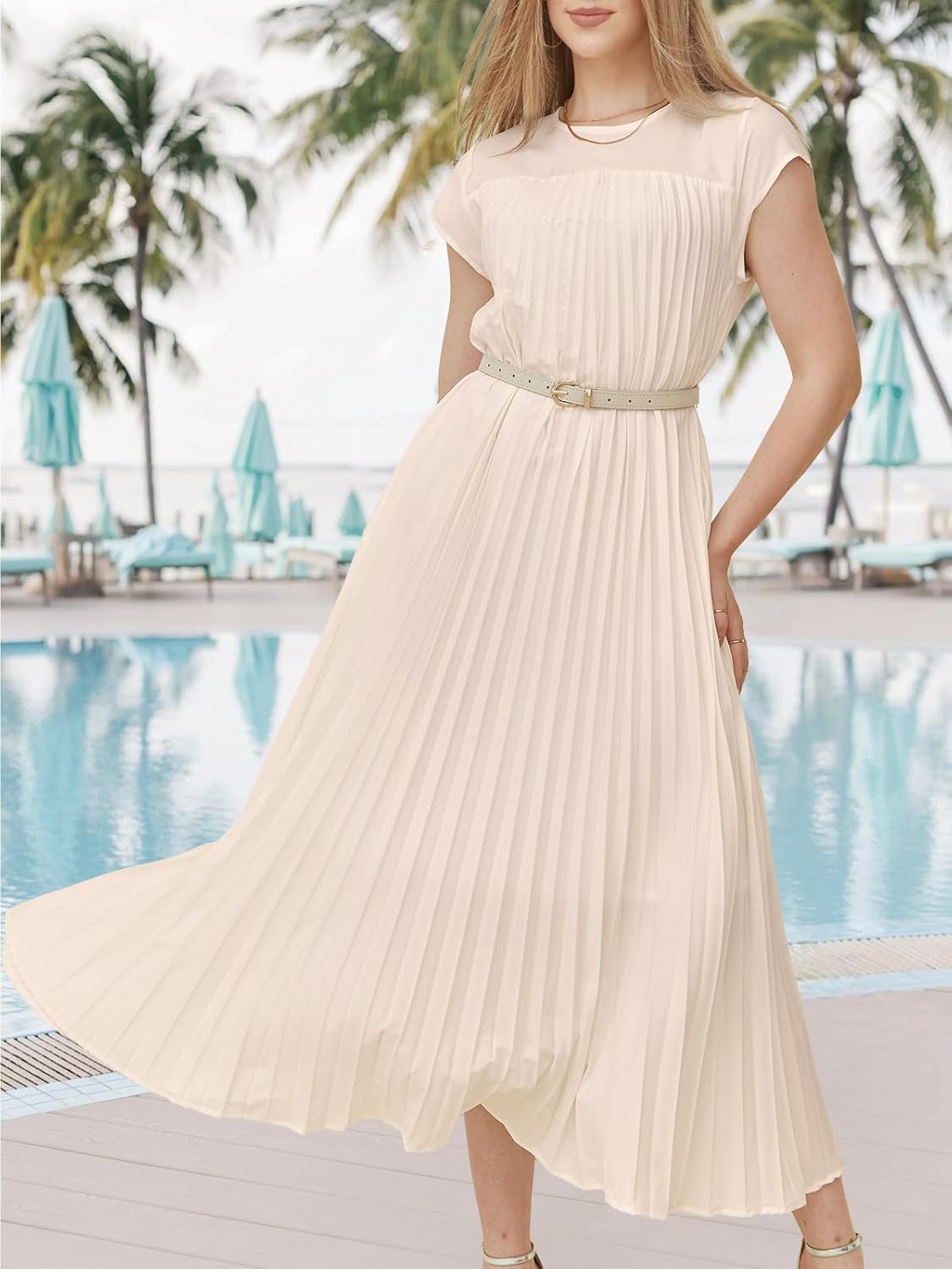 Women's Church Pleated Maxi Dress 2025 Summer Cap Sleeve Maternity Modest Flowy Dresses with Pockets - Image 3
