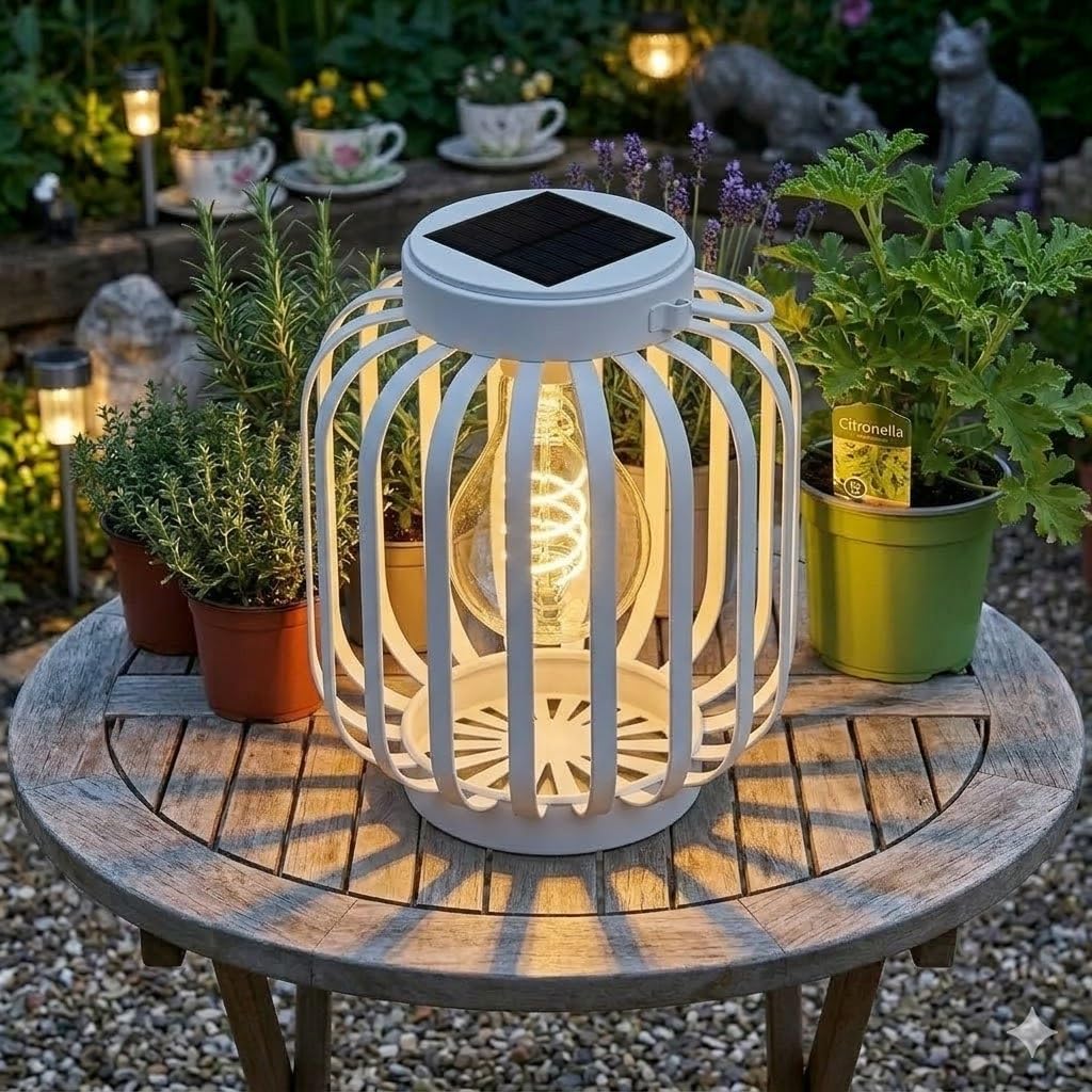 Bloomingtons Direct White Solar Powered Metal Cage Lantern Outdoor Solar Garden Outdoor Lantern With 5 Led Bulb Cordless, Balcony Light, Warm Casting Shadow Garden Hanging Lantern