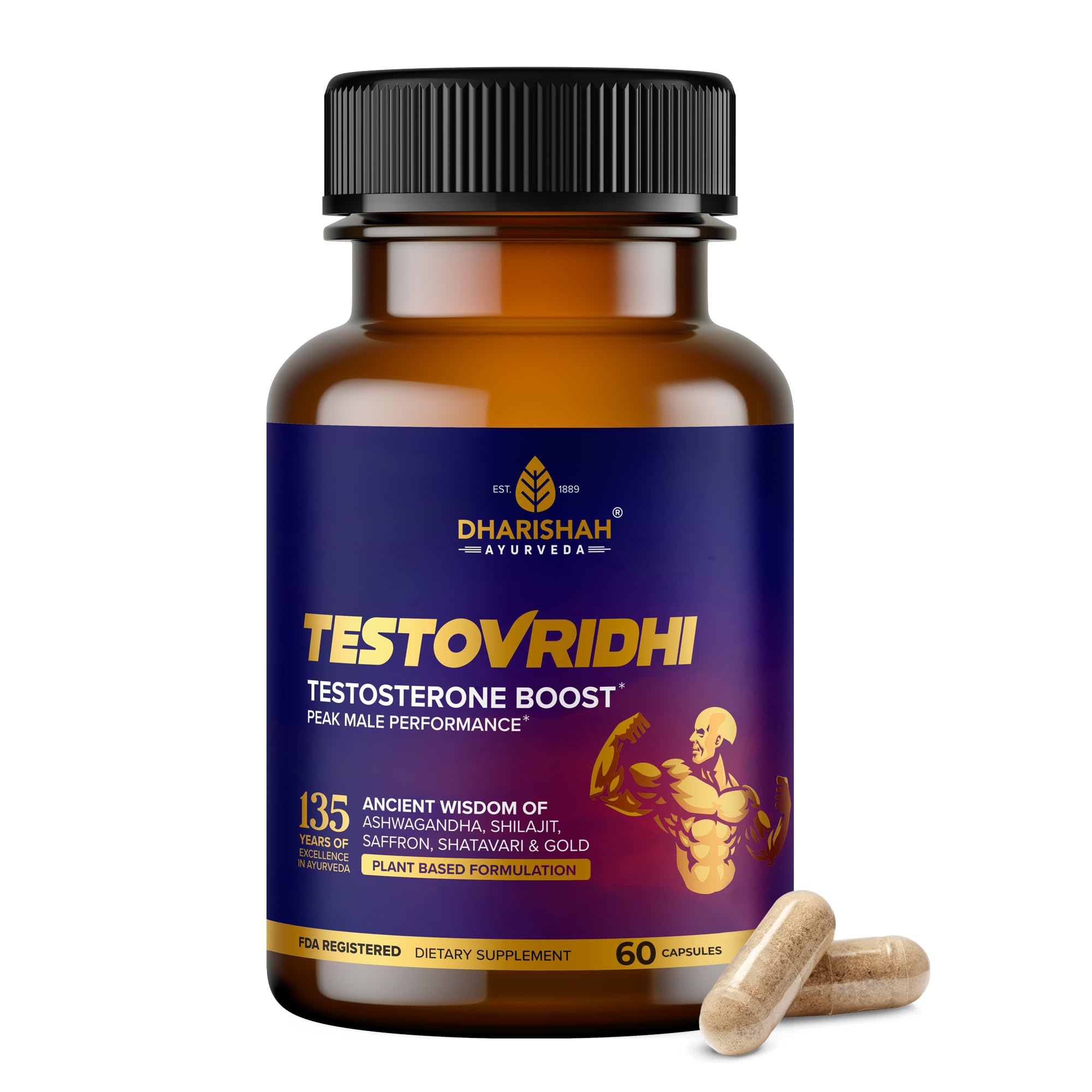 Dharishah Ayurveda Testovridhi Testosterone Booster for Men - 60 Vegan capsules with Ashwagandha, Shilajit, Safed Musli, Gokshura Supports Stamina, Energy, Muscle Strength, and Performance