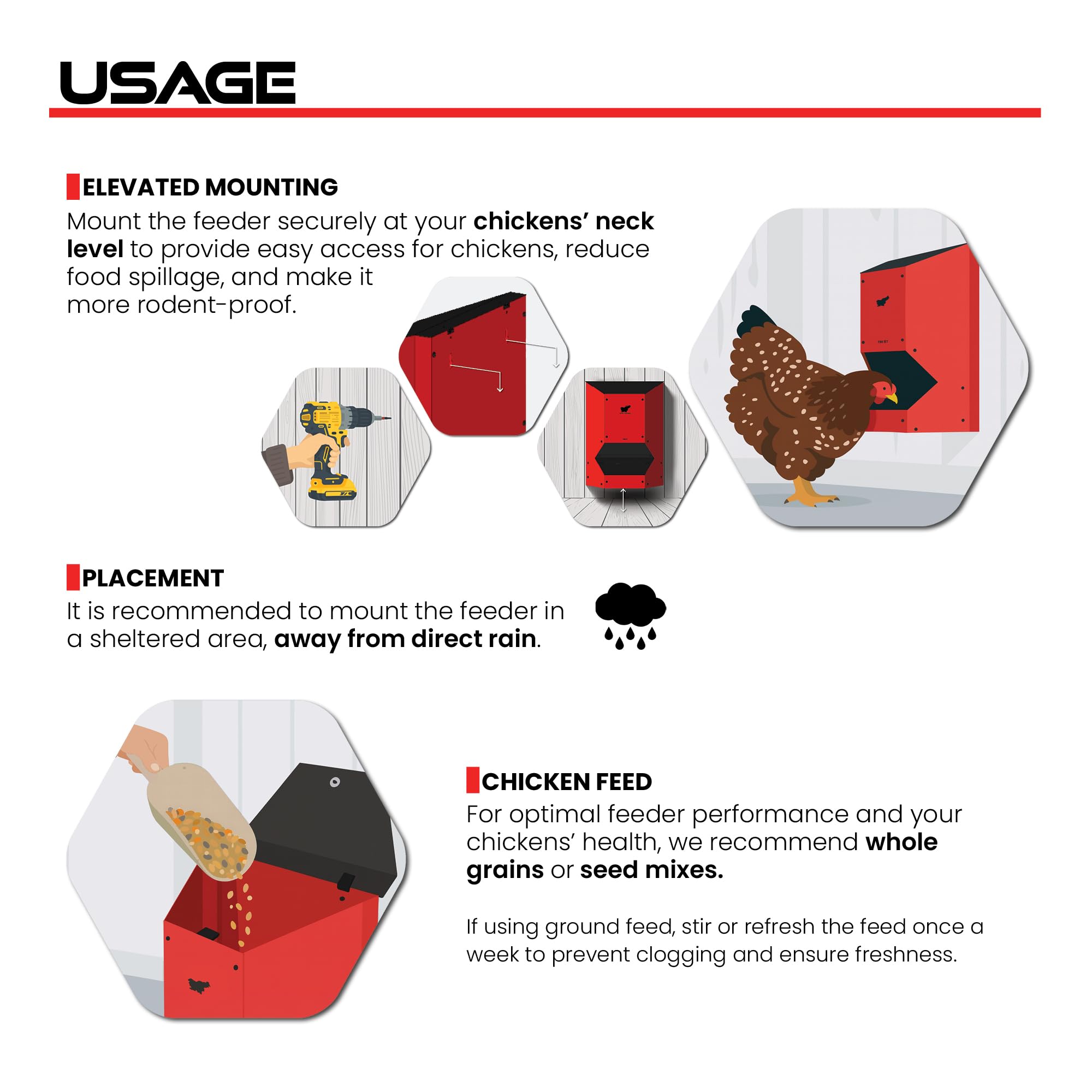 RUN-CHICKEN Comedero automático para pollos (rojo), funciona con pilas, escotilla de seguridad programable con temporizador, alimentación de 9,0 kg, resistente a las plagas, accesorio para gallinero