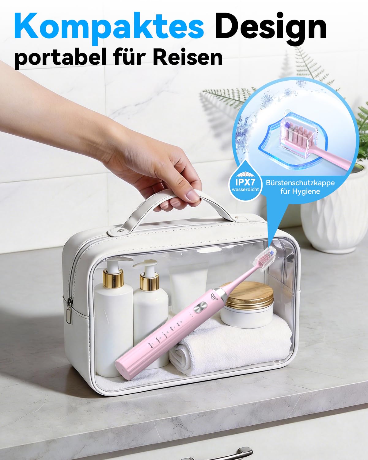 JTF Brosse à Dents Électrique Sonique avec Nettoyage et Séchage UV, 5 Modes de Nettoyage, 6 Têtes de Brosse de Rechange, Gobelet, Station de Charge Sans Fil pour La Maison et Les (Rose)