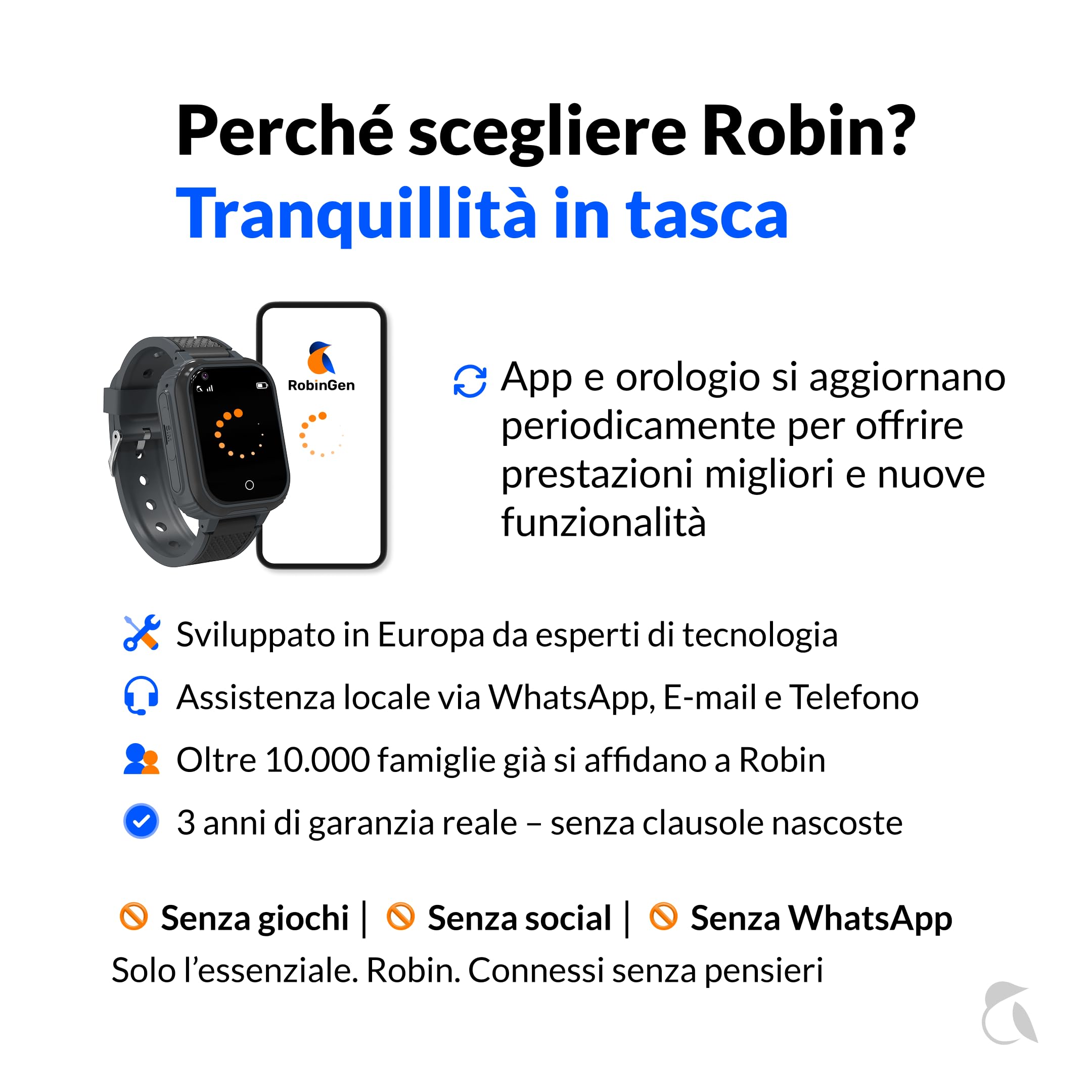 Robin Watch K1 | Alternativa allo Smartphone: Orologio 4G GPS per bambini e Chiamate Sicure, SOS, Modalità Classe, App Genitori, Batteria 2-3 Giorni | Senza Social, Senza Giochi, Senza Browser (Nero)