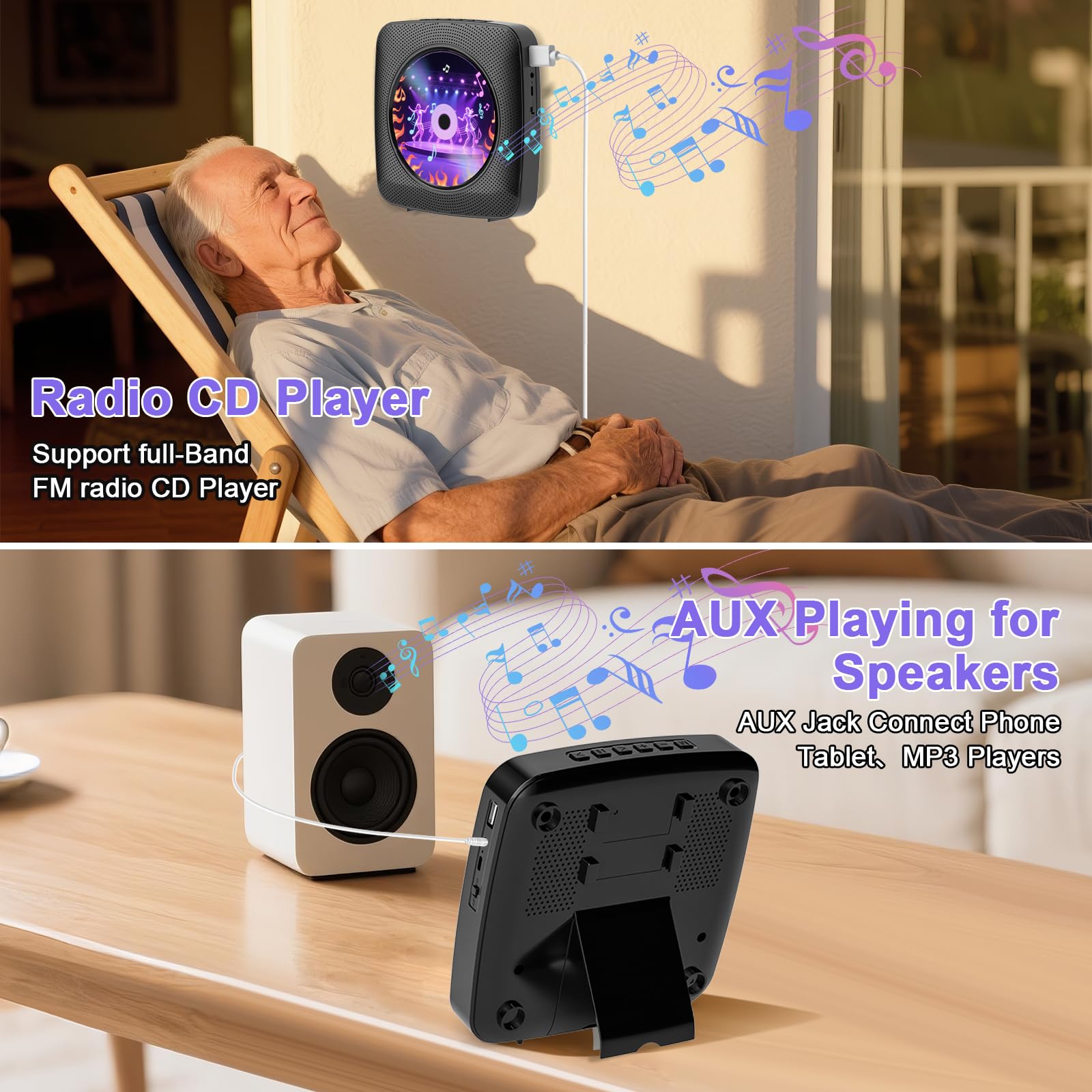 Gueray Lettore CD portatile Hifi Bluetooth con altoparlanti batteria ricaricabile 1800 mAh telecomando radio FM USB AUX Nero