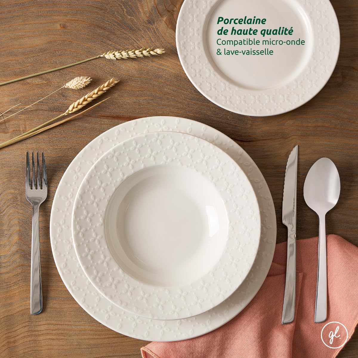 Geneviève Lethu 545867 Service de Table en Porcelaine Blanche 18 pièces pour 6 personnes - Assiettes plates, assiettes creuses, assiettes à dessert - Décor Embossé collection Calais Caudry