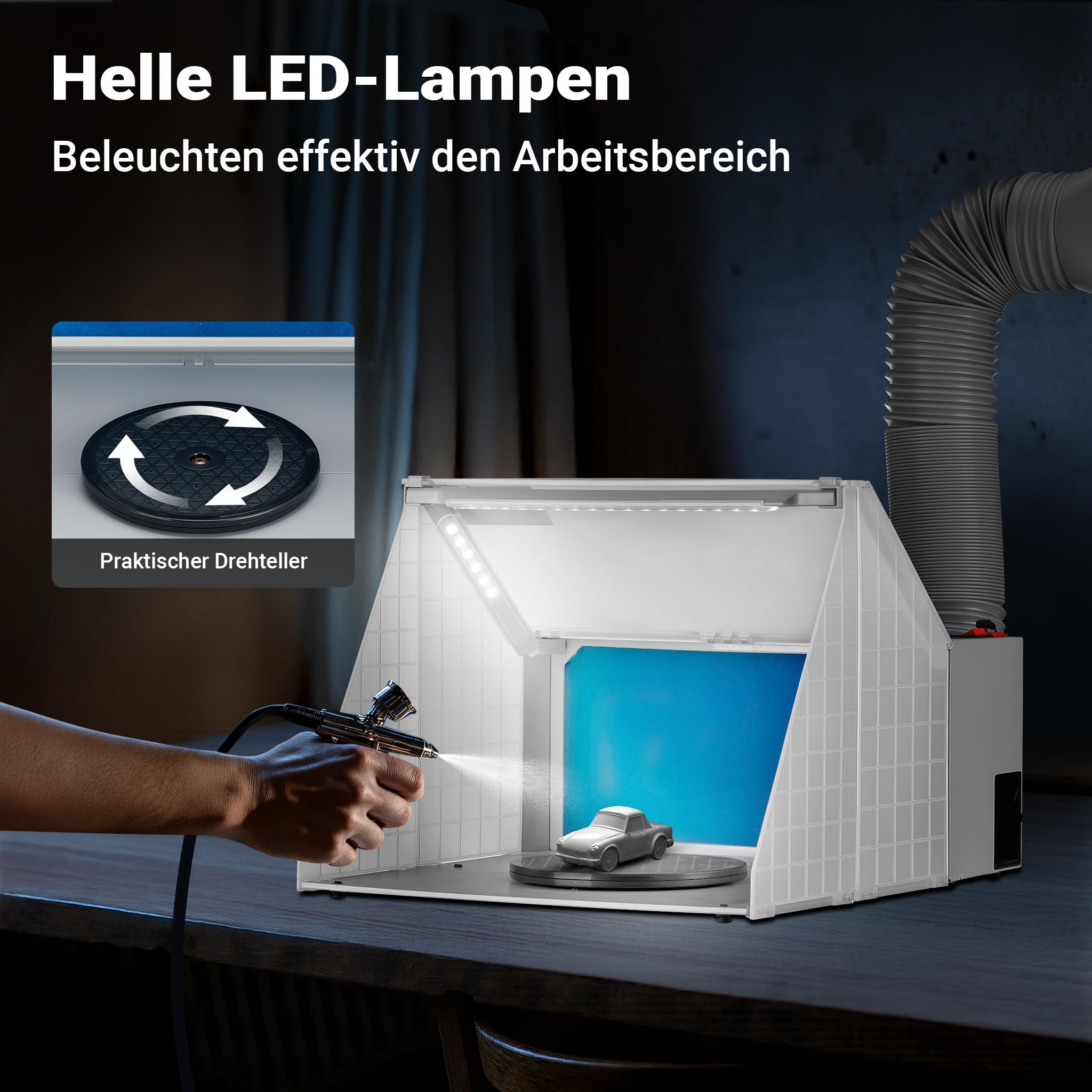 Wiltec Airbrush Absauganlage 4 m³/min, nur 47 dB, zur Absaugung von Farbe Farbnebel Sprühnebel, Filter erweiterbar, mit LED Beleuchtung, Lackierkabine für Airbrush-Arbeiten