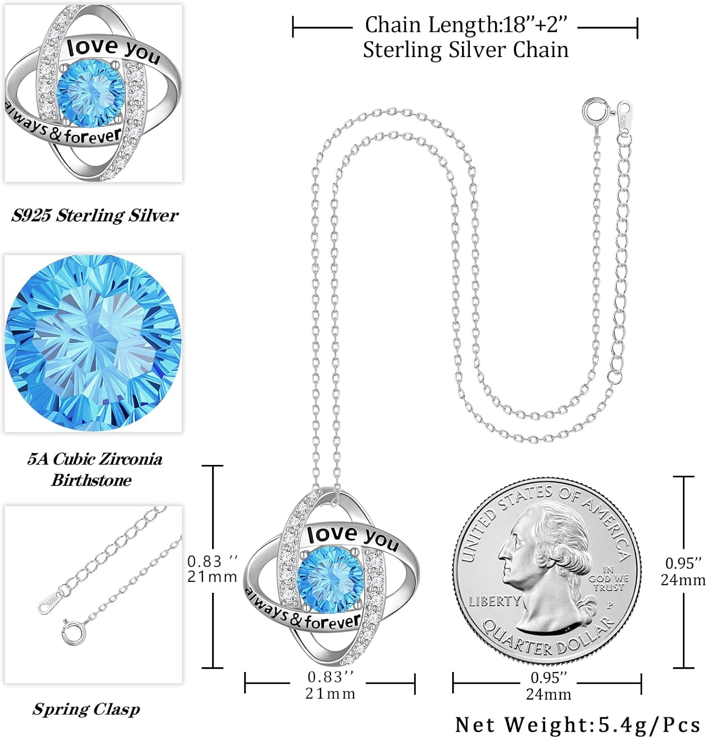 Aurora Tears Birthstone Love Knot Pendant Necklace - 925 Sterling Silver Firework-Cut Cubic Zirconia Love You Forever Necklace Anniversary Birthday Jewelry Gift for Women Wife Mom Daughter - Image 4