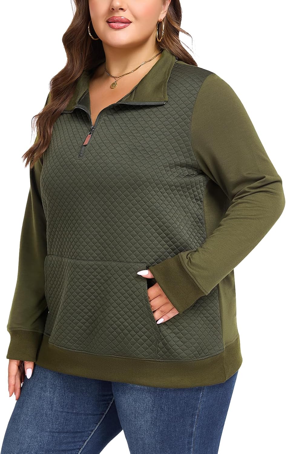 Women's Plus Size Quilted Pattern Lightweight 1/4 Zip Long Sleeve Casual Sweatshirts Pullovers Shirts Tops - Image 2