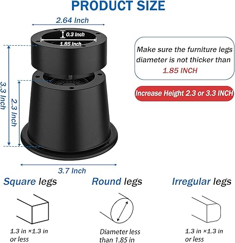 Miniatura 2 de ANNKUT Elevadores de cama redondos de 3 pulgadas, resistentes, elevación en alturas de 2 o 3 pulgadas, elevadores de muebles circulares para silla y