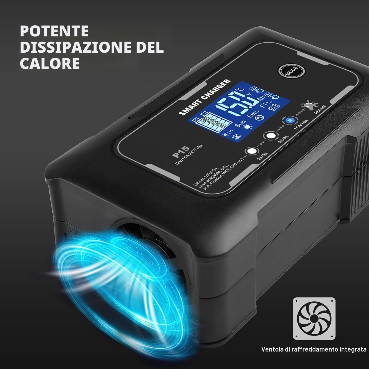 HTRC Caricabatteria auto 12 V/15 A & 24 V/10 A, caricabatterie per batterie auto, moto, tosaerba, barca, litio, LiFePO4, acido piombo (AGM, gel, MF, EFB, SLA, VRLA ecc.)