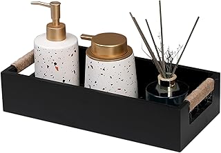 Black Bathroom Decor Box Wooden Toilet Tank Box with Rope Handles, Farmhouse Toilet Storage Basket for Bathroom Living Room Table Counter