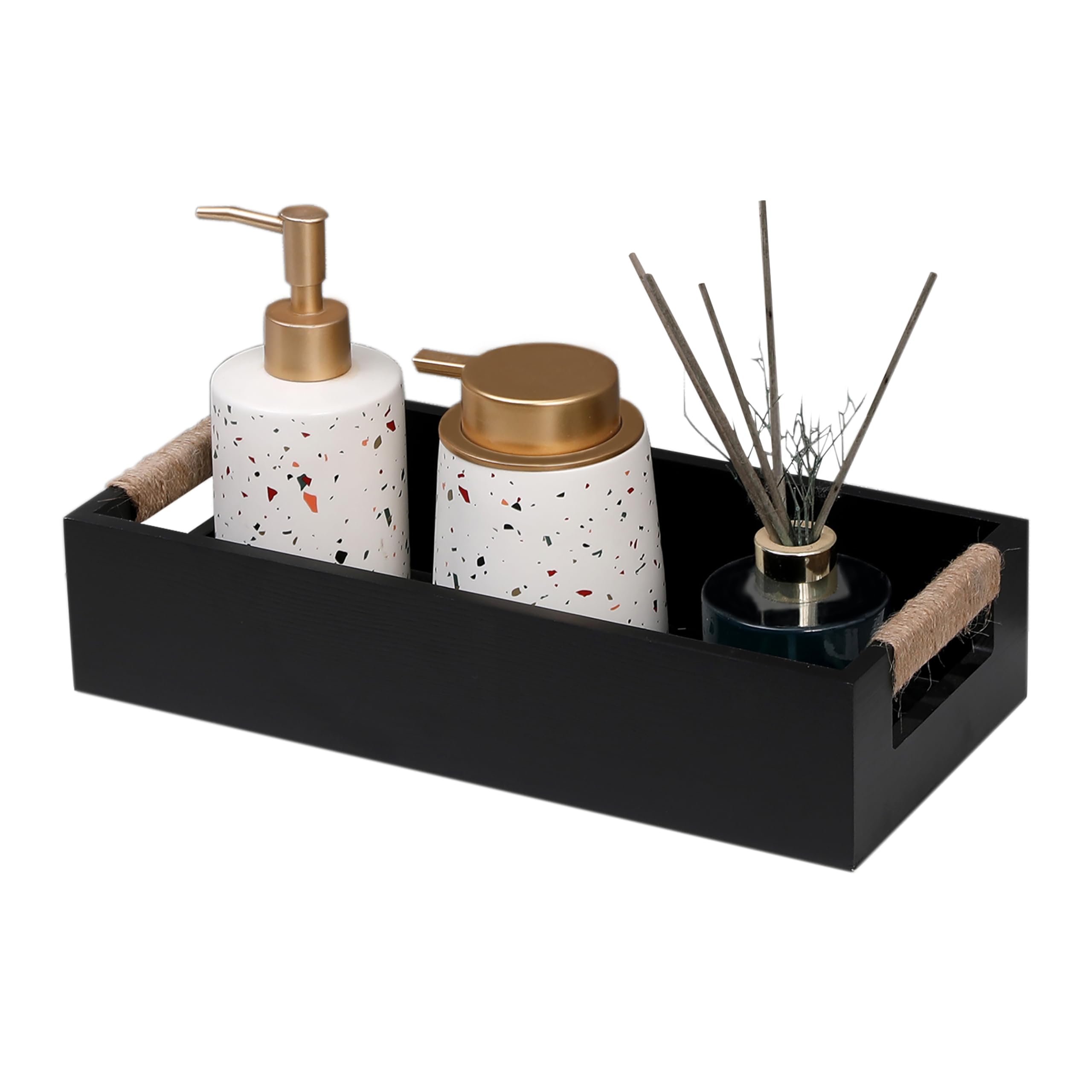 WSIFACA Black Bathroom Decor Box Wooden Toilet Tank Box with Rope Handles Farmhouse Toilet Storage Basket for Bathroom