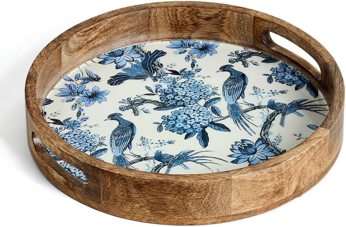Saaga Geranium Mango Wood Pizza Serving Tray - 12 x 2 Inch Round Wooden Snack & Pizza Plate | Stylish Tray for Kitchen, Home, Cafes & Restaurants