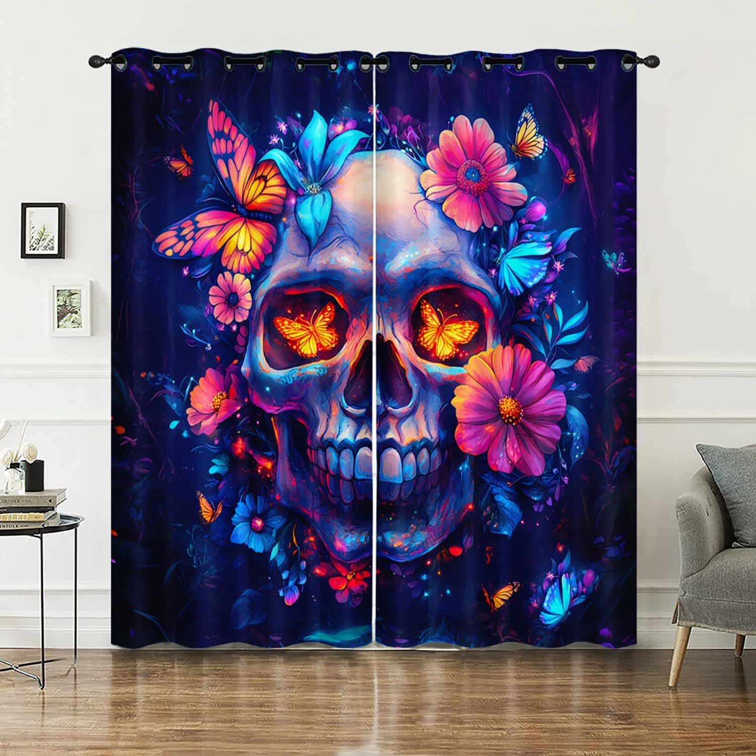 AILONEN Colorful Skull Window Curtain,Gothic Butterfly Skull Window Drapes for Boys Girls,2 Panels Set Skeleton Themed Window Treatments Drapes, 42" W x 84" H
