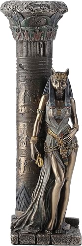 Estatuas de resina Veronese de diosa egipcia Bastet apoyada en pilar, estatua de pilar, 3 x 10.75 x 4.5 pulgadas, marrón