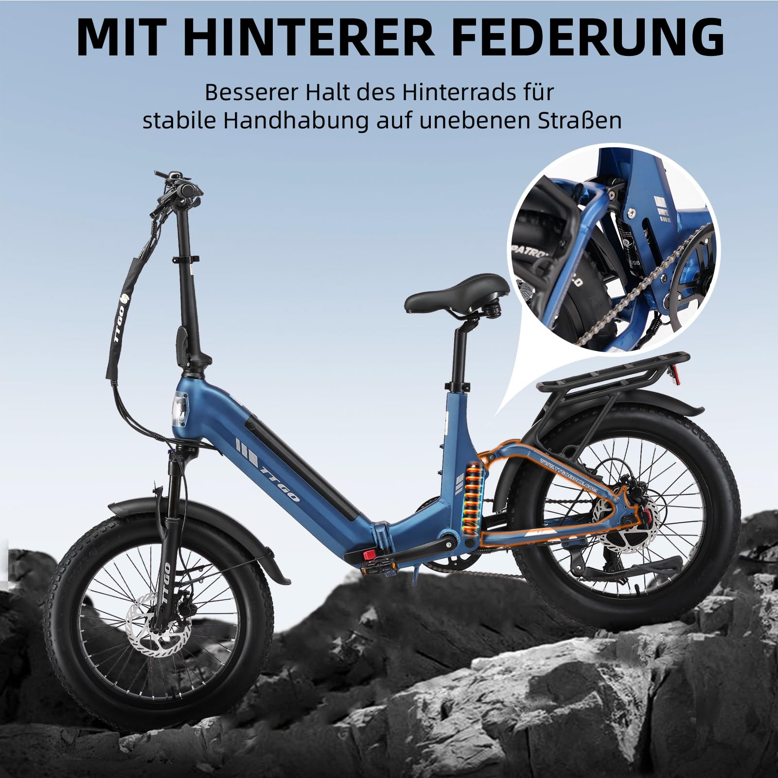 ttgo F7 E Bike Klapprad, 20 * 3 Zoll Elektrofahrrad Herren Damen mit 250W Motor, 70Nm Drehmoment, 48V 15AH Akku, bis zu 120 km Reichweite, 7-Gang Getriebe mit LCD-Display