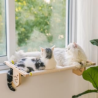 Sturdy & Durable Cat Window Perch Hammock Bed with Wood & Metal Frame for Cats Easy to Assemble for Windowsill, Bedside, Drawer and Cabinet More (L-26“x14.5”x6.7, Beige)