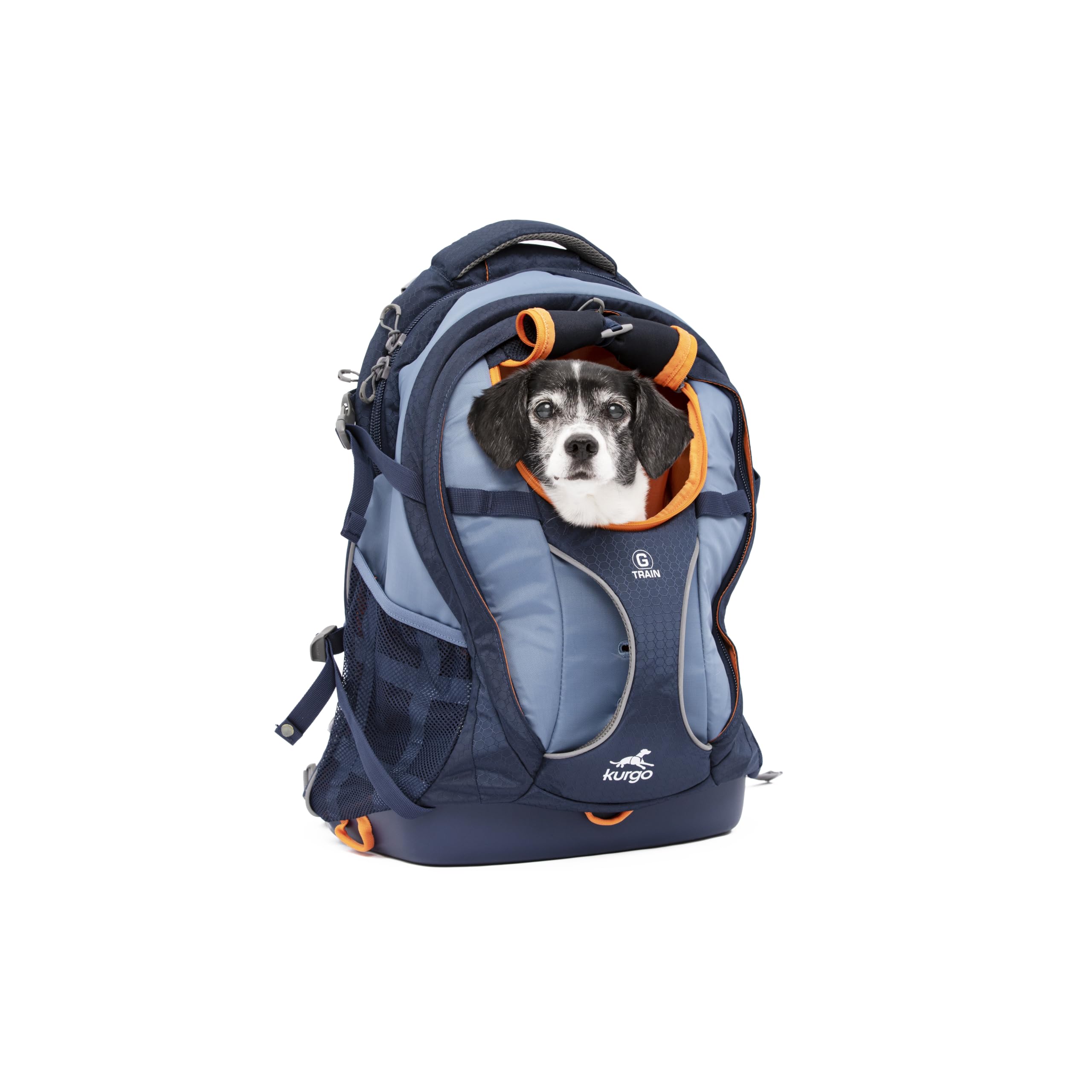 Kurgo G-Train - Mochila Transportín para Mascotas Pequeñas - Para Viajes y Senderismo, Fondo Impermeable y Múltiples Compartimentos - Azul Marino
