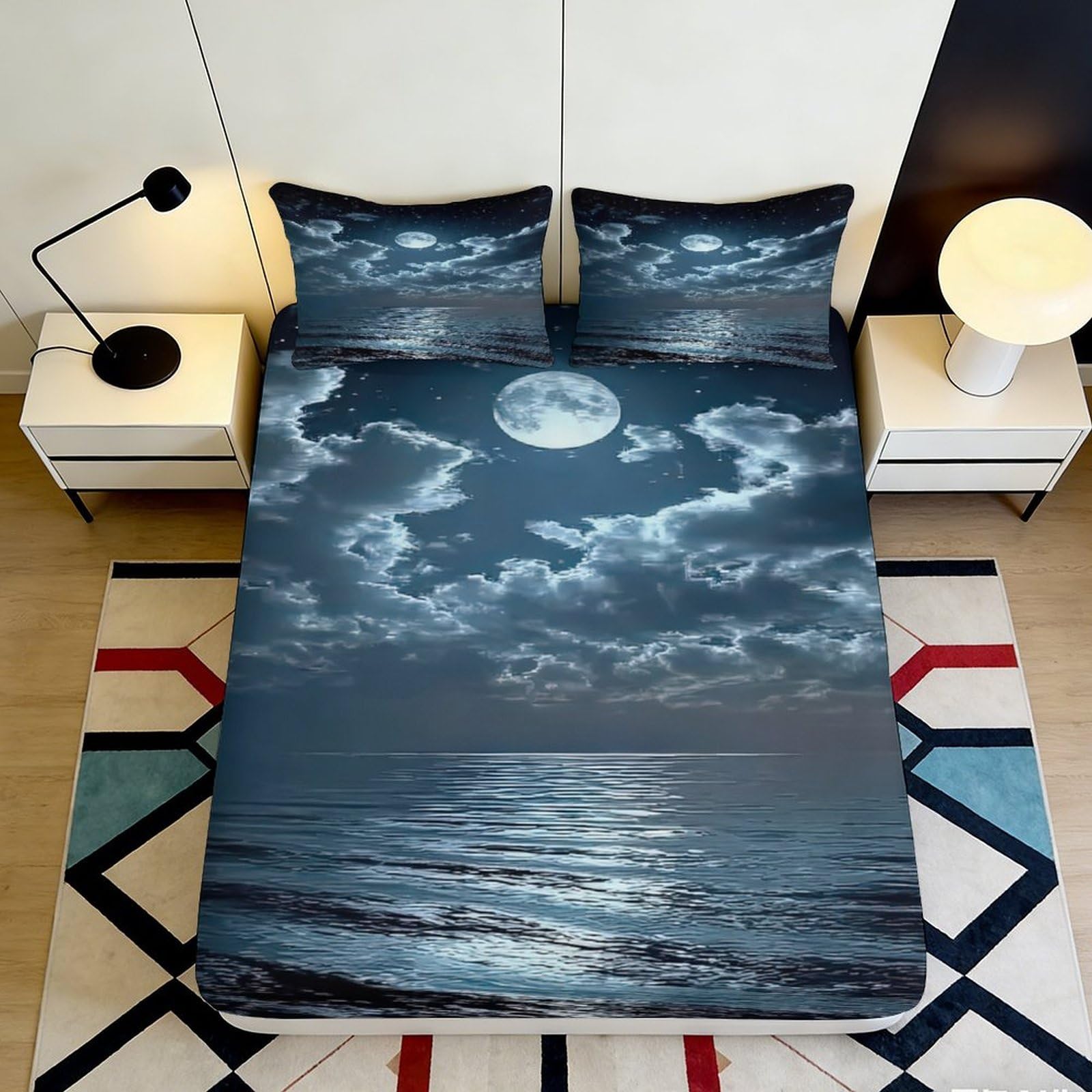 3D Printed Moonlit Ocean Fitted Sheet Microfiber Soft Art Decor Night Sky Mattress Cover Bedroom Dorm 90x200x25cm