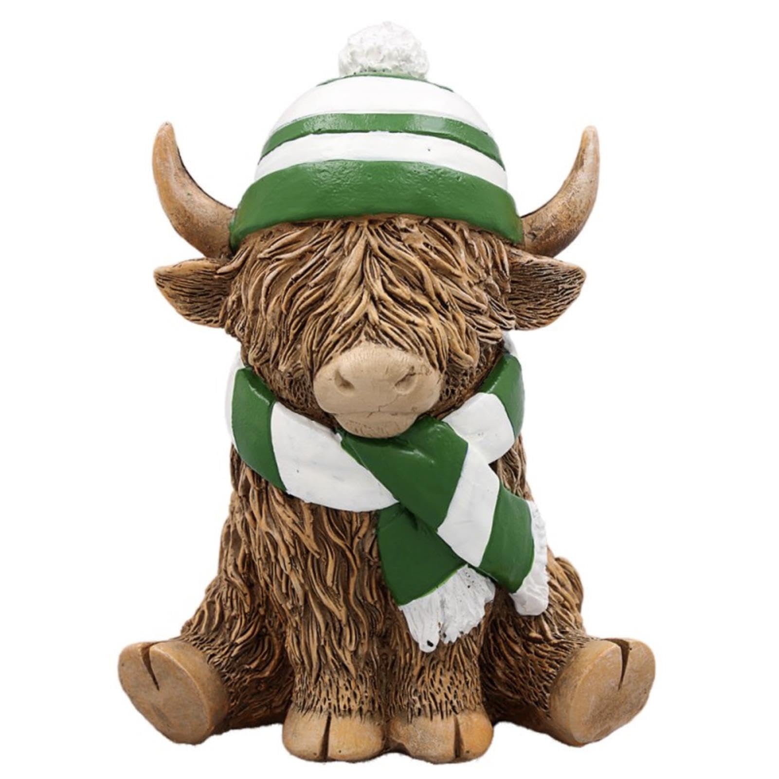 L & P Home & Gifts LP74352 Highland Cow Scarf & HAT, Ceramic, Green & White