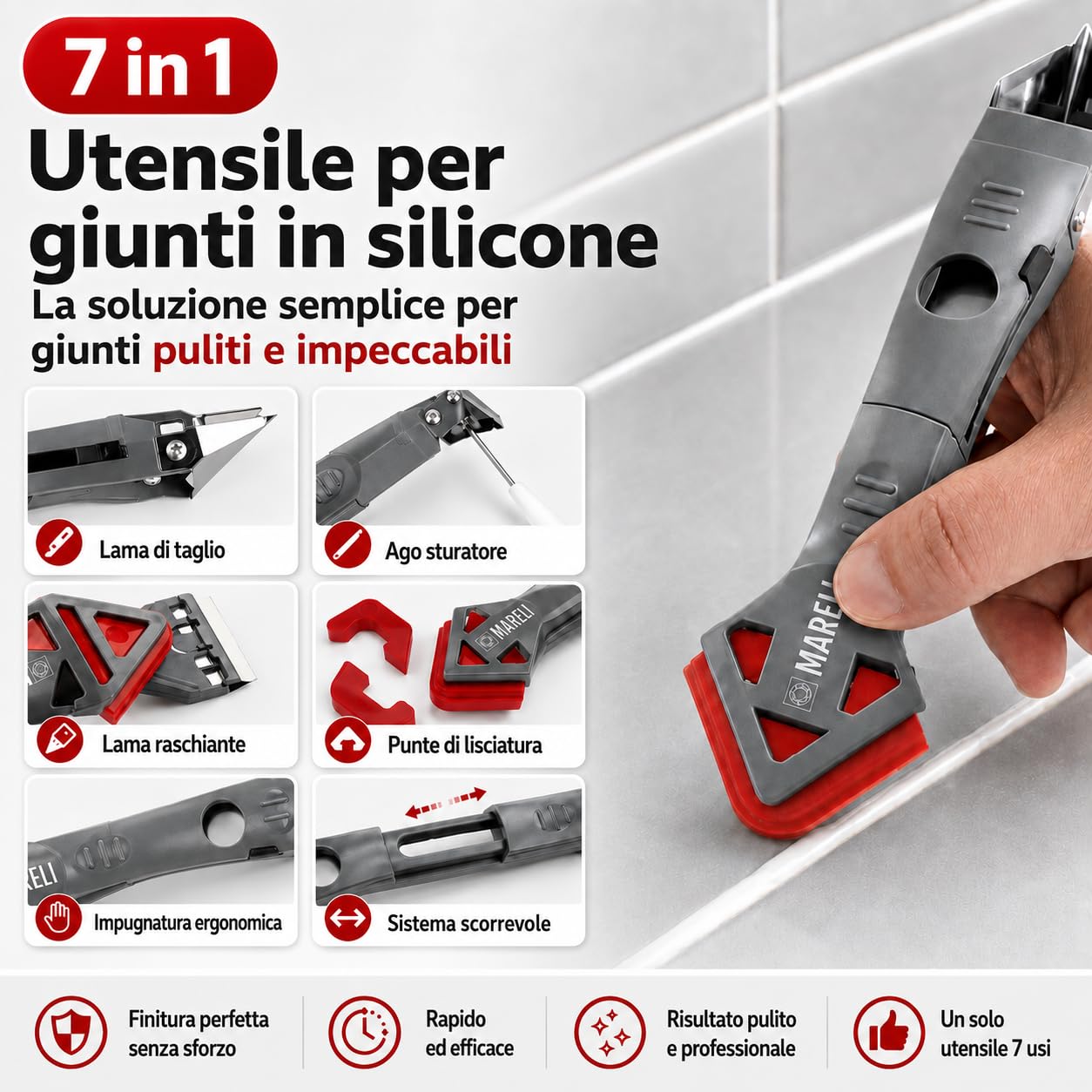 MARELI SERIE 7 - Spatola per Silicone Raschietto Togli Silicone Spatole per Silicone Calafataggio Flex Kit Silicone 7 in 1 Spatola Silicone Sigillante Professionale con Grout Remove per Bagno,Cucina