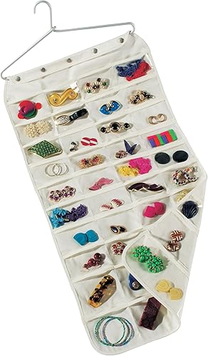Miniatura 4 de Household Essentials Organizador colgante de 80 bolsillos para joyas y accesorios, lienzo natural, blanco, 5 pulgadas