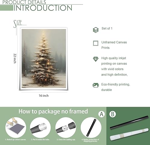 Miniatura 7 de Huabsad Arte de pared vintage con árbol de Navidad, arte retro iluminado de pino de invierno, impresiones estéticas botánicas de escena rústica,