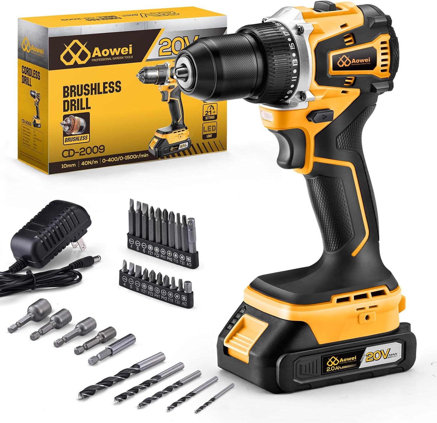 20V Brushless Cordless Lithium-Ion Drill Set, Compact Design, Yellow Rechargeable Lithium-Ion Drill Kit, including 2.0Ah Battery, Charger and 3/8-inch Keyless Chuck