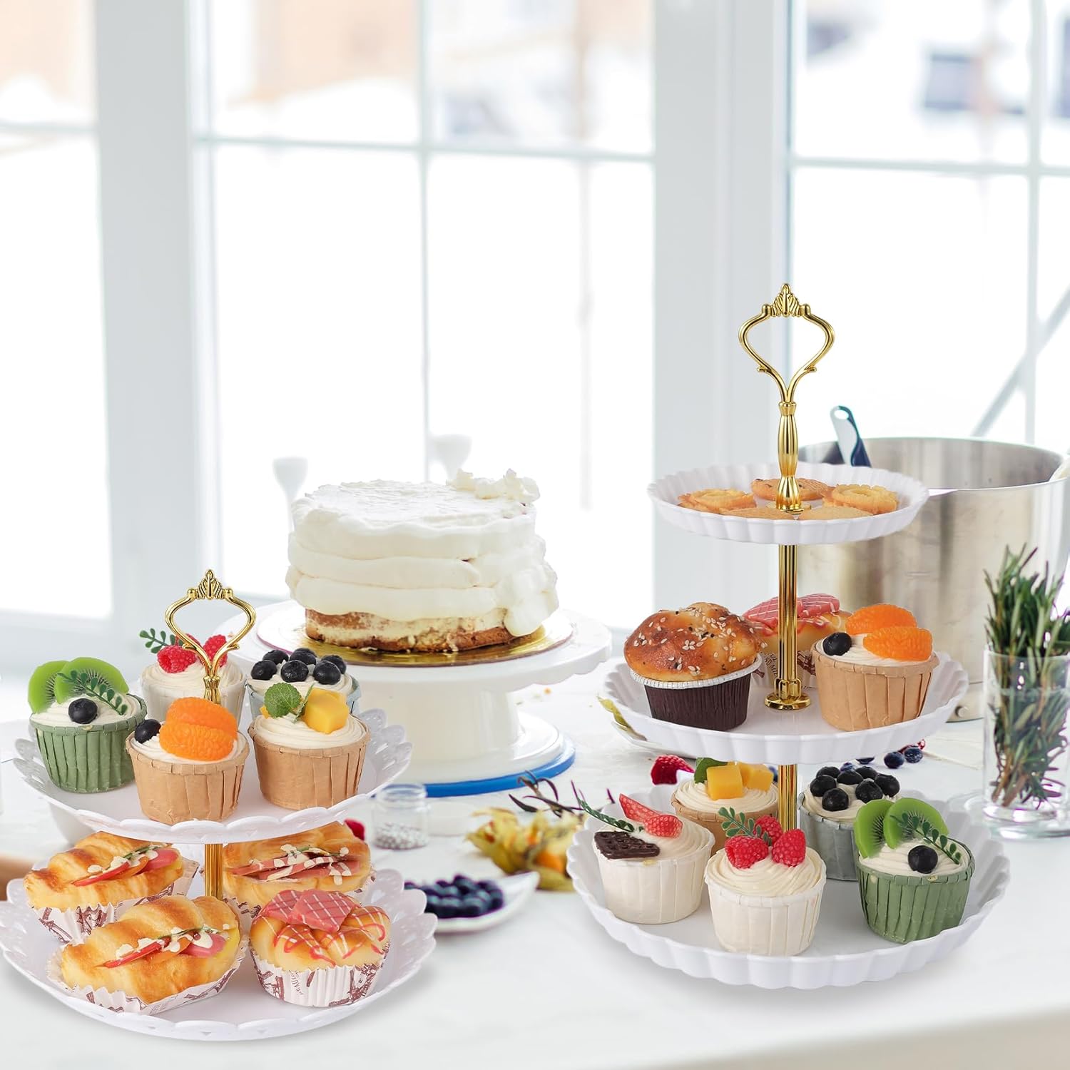 14-Piece Dessert Stand Set - 4 Tiered Cake Stands (3-Tier & 2-Tier) + 6 Rectangle Appetizer Trays - Thick Plastic Serving Platters for Cupcakes, Donuts, Fruits - Party, Wedding, Buffet Display (White)