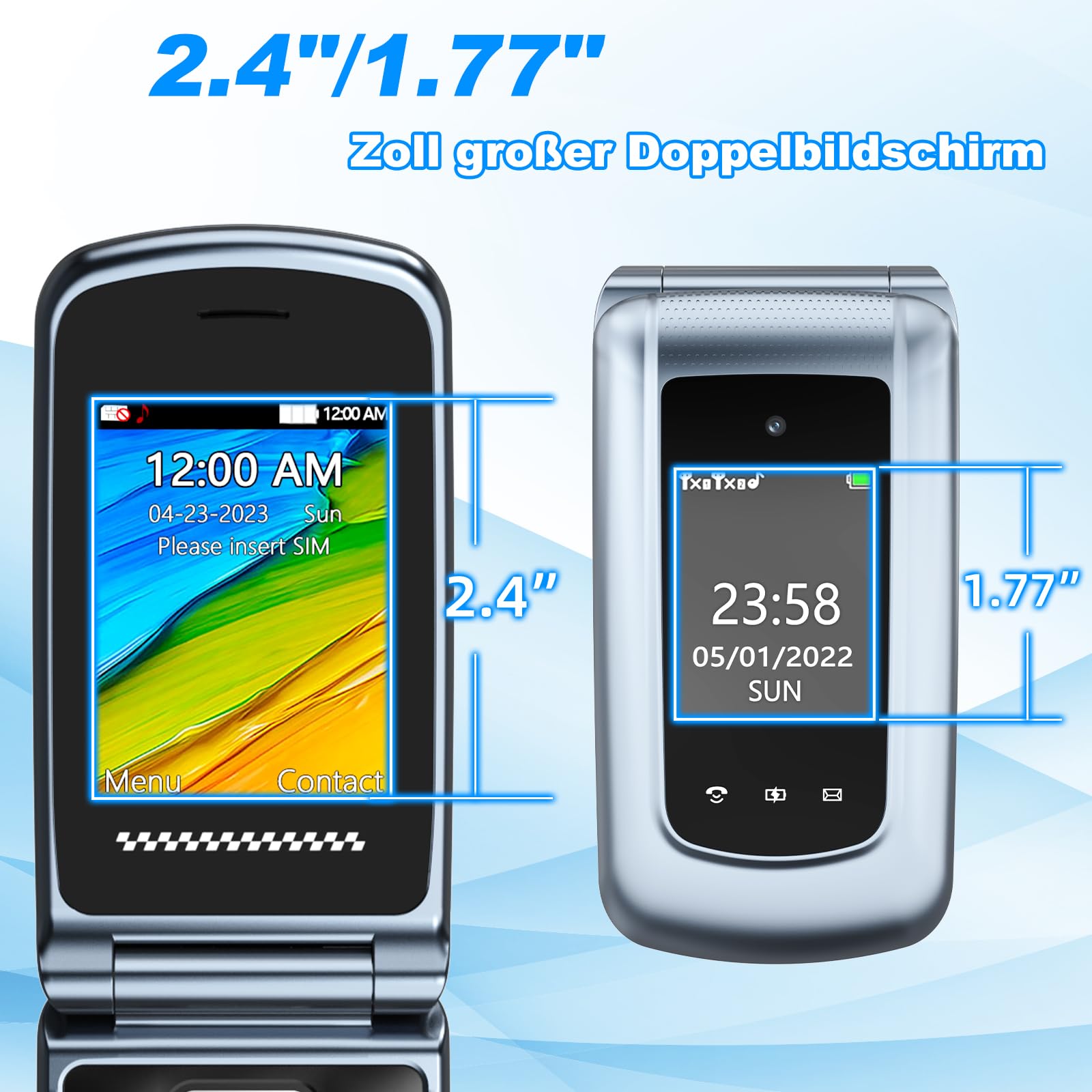 4G Seniorenhandy Klapphandy Ohne Vertrag mit Großen Tasten| Dual-SIM Rentner Handy mit Sprachansage | Ladestation | 2,4+1.77 Zoll Dual Farbdisplay| Flip Mobiltelefon mit SOS | Kurzwahl | Grau
