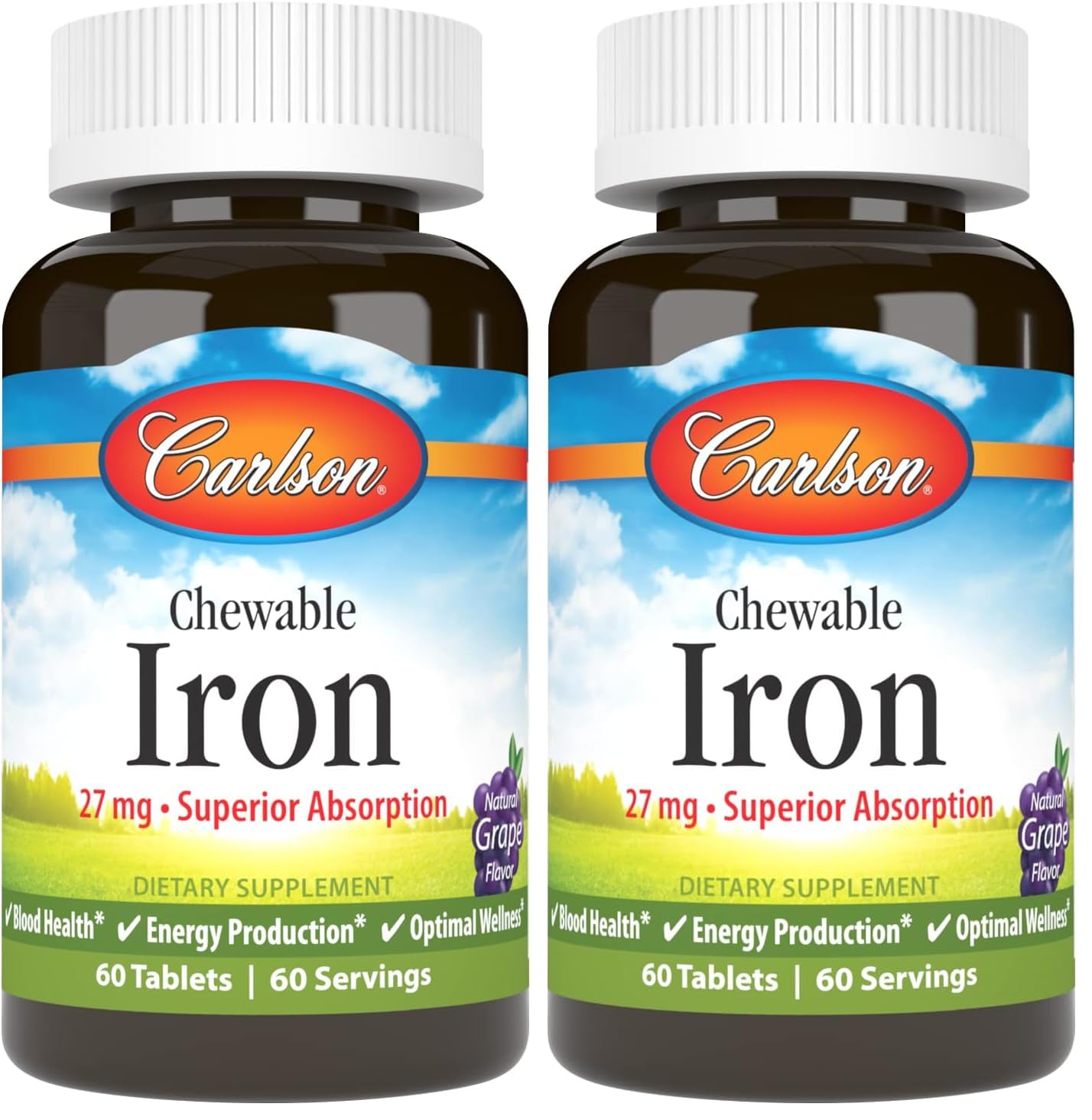 Carlson - Chewable Iron, 27 mg - Superior Absorption, Blood Health, Energy Production & Optimal Wellness, Grape, 60 Tablets (Pack of 2) Natural Grape 60 Count (Pack of 2)