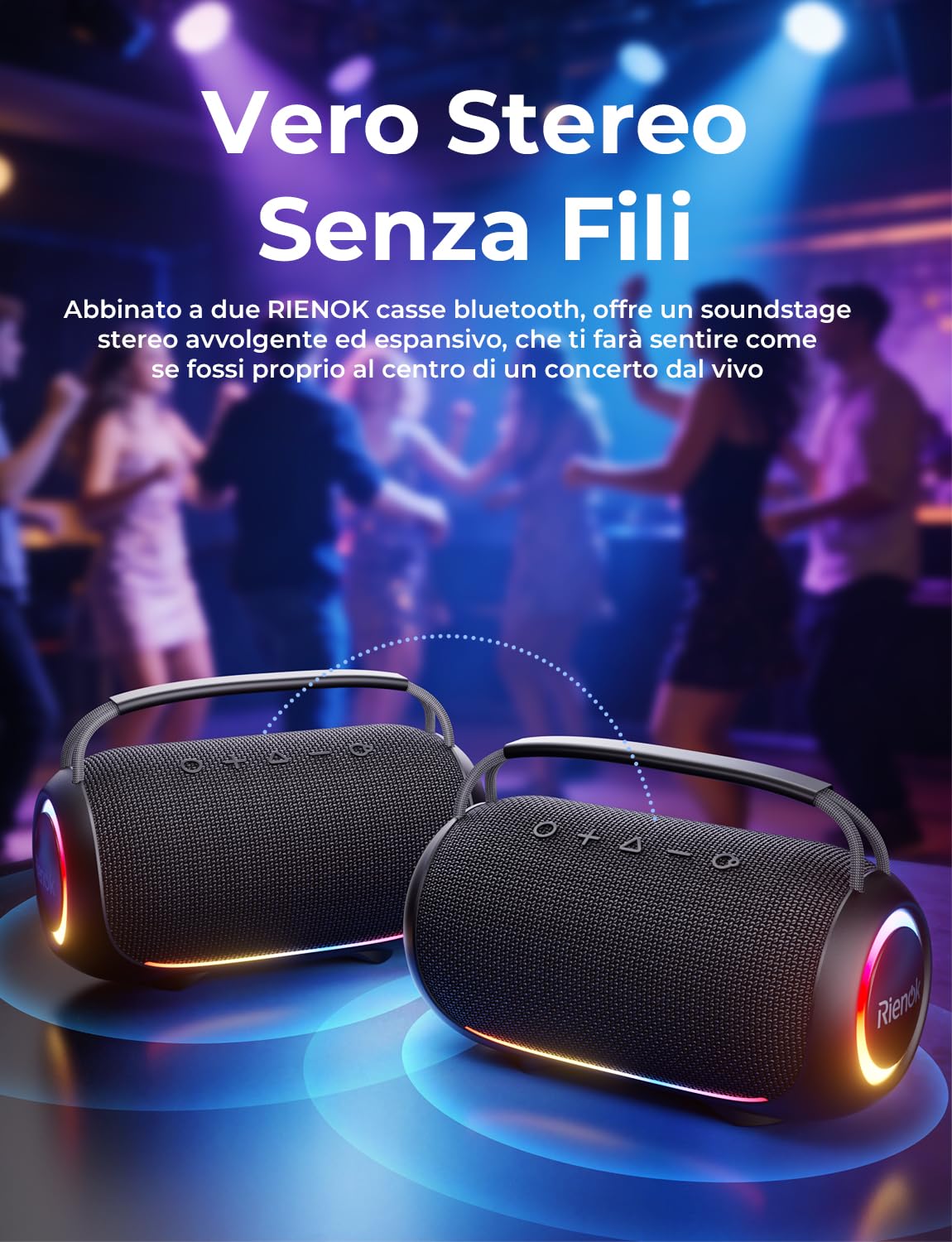 RIENOK Cassa Bluetooth Potente Portatile 80W Esterno Impermeabile IPX6, 30 Ore di Autonomia, Supporta Chiavetta USB/Scheda TF/AUX, Senza Fili Speaker Bluetooth per Feste Campeggio Spiaggia