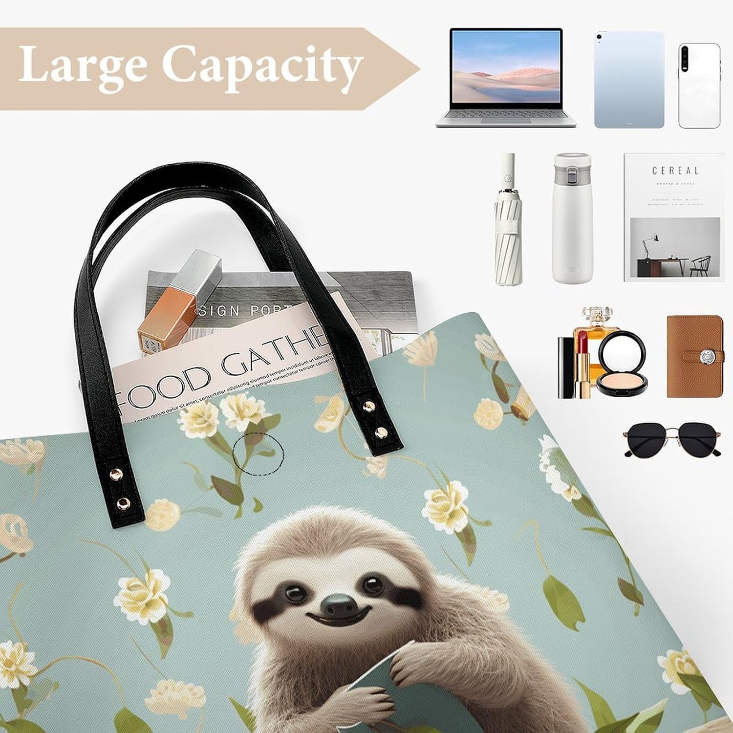 Cute Sloths Handbags Large Capacity, Tote Bag Stylish Slouchy, Shoulder Bags for Work Beach Travel And Shopping Grocery.