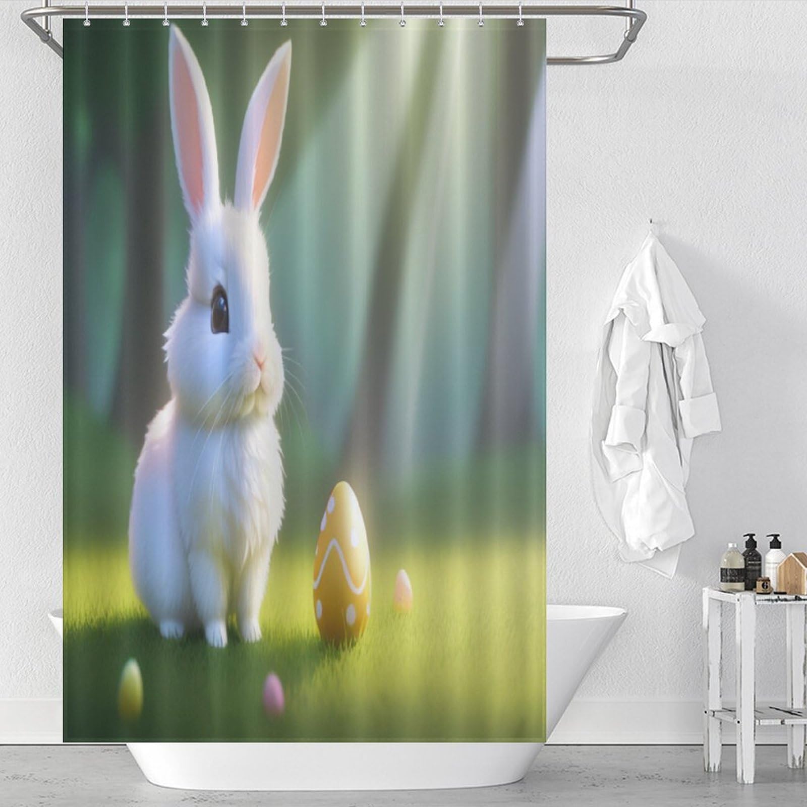 Rideau de douche imperméable et lavable motif lapin pour baignoire 122x183cm