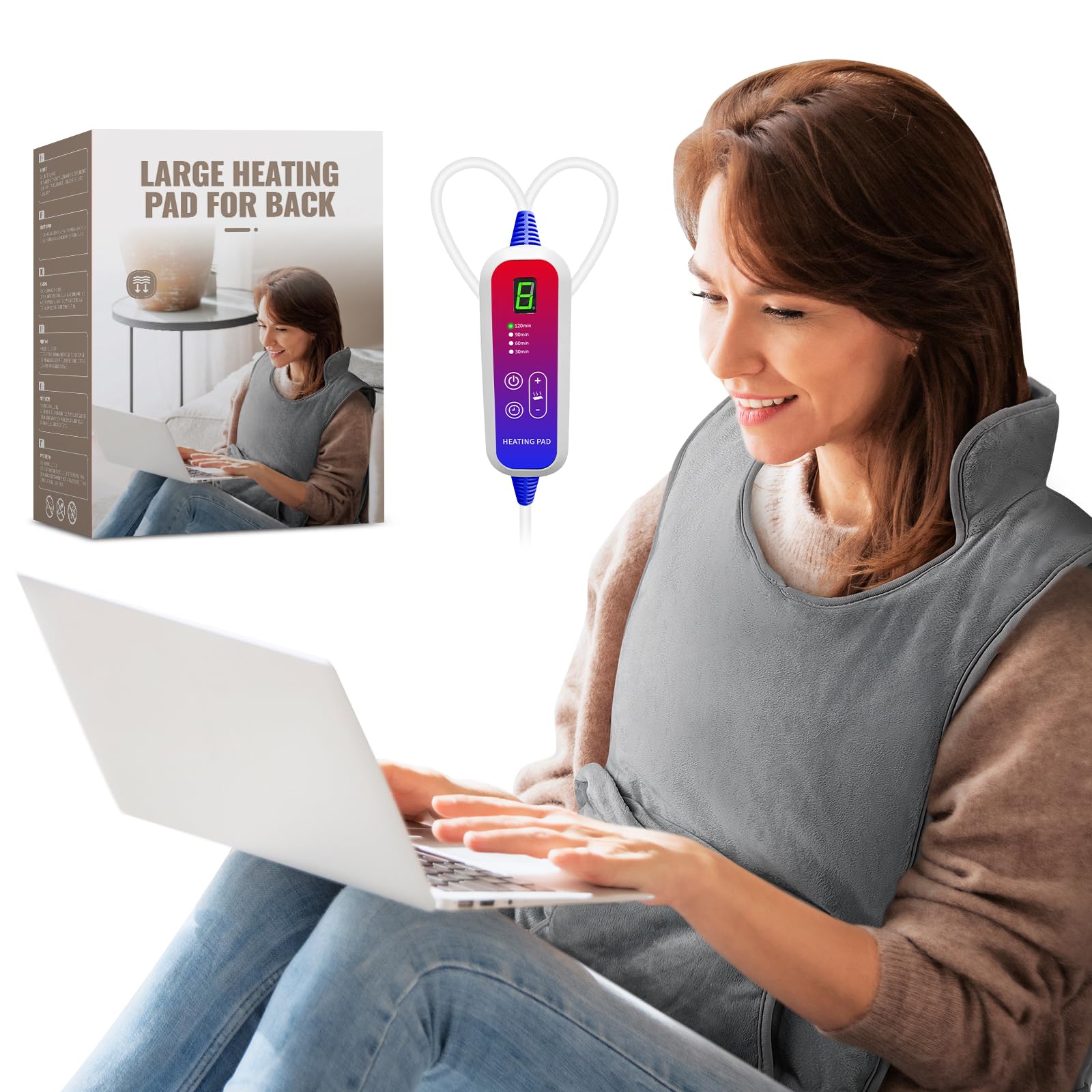 Qfun Termoforo Schiena, Rapido Riscaldamento Termoforo Spalle Elettrico con 6 Livelli di Temperatura e 4 Timer, Lavabile in Lavatrice Termoforo Elettrico 138x42cm con Spegnimento Automatico