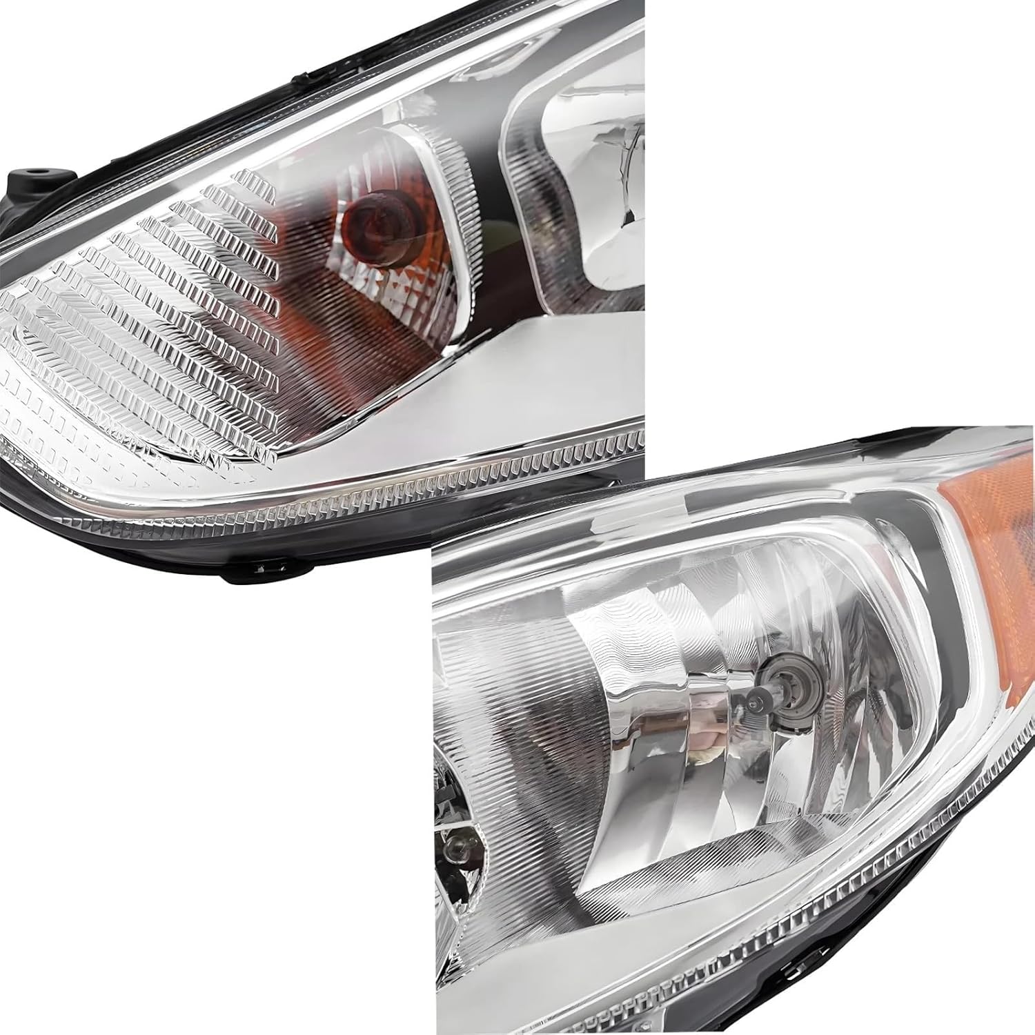 Headlights Assembly Compatible with 2014-2019 Ford Fiesta S SE ST Sedan Halogen Headlights Replacement Headlamps Chrome Housing Amber Reflector (White)