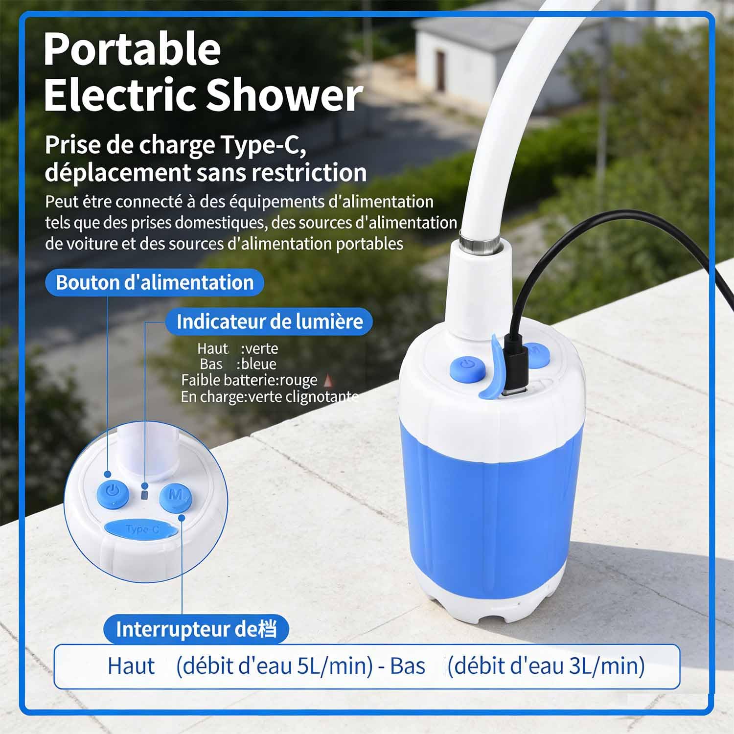 Cozidia Douche Portable - Douche Portable Rechargeable électrique Pour Bain D'extérieur 2026, Kit Douche Rechargeable USB, Débit Réglable, Solution Compacte Pour Camping, Randonnée Et Voyage (Norme)