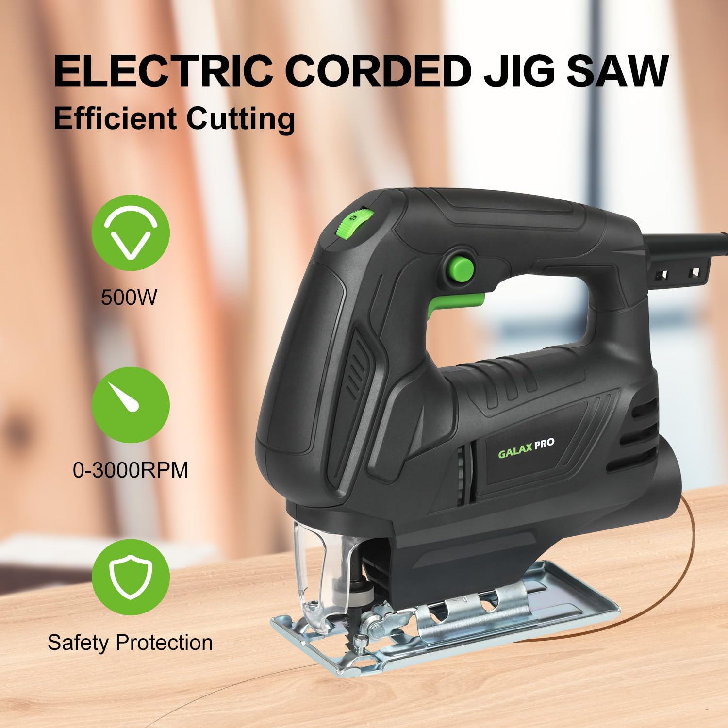 GALAX PRO 500W Seghetto Alternativo,Velocità Variabile 3000 Giri/Minuto per Taglio Legno,6 Velocità Regolabili Seghetto Alternativo Elettrico con Luce LED,Angolo di Inclinazione Regolabile da ±45 °
