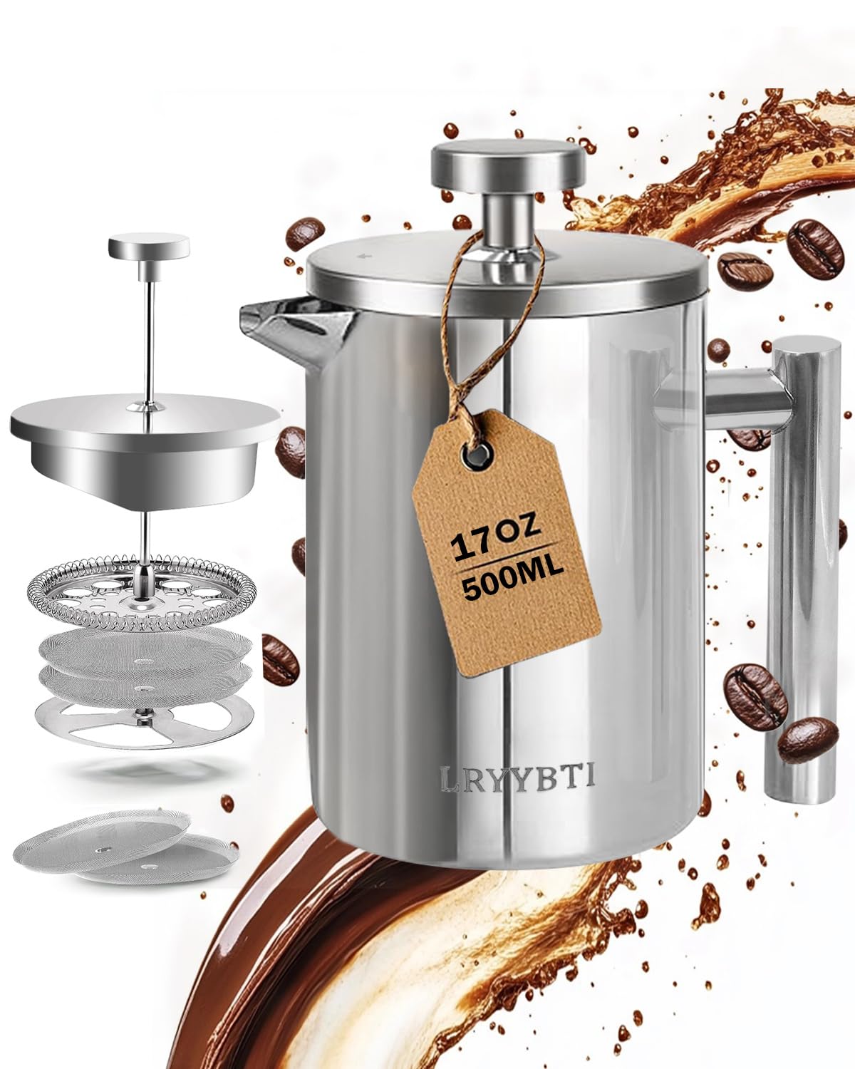 LRYYBTI Stainless Steel French Press, 17 oz