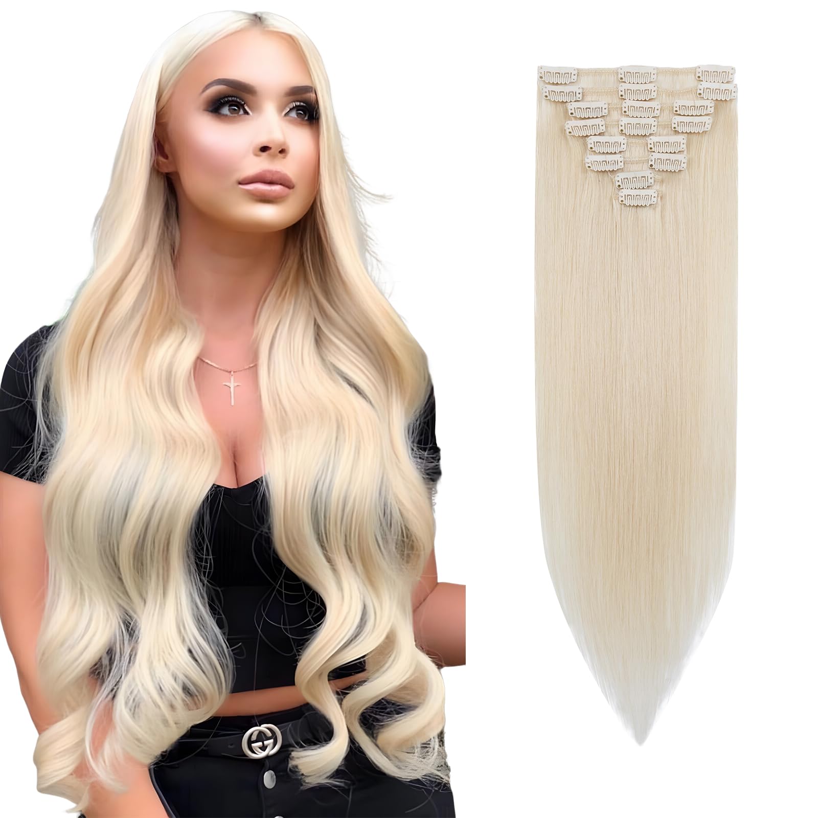 Rich Choices Clip in Hair Extensions Human Hair Bleach White 20 Inch Remy Hair Extensions Clip in, 8PCS 70g Thin Weft