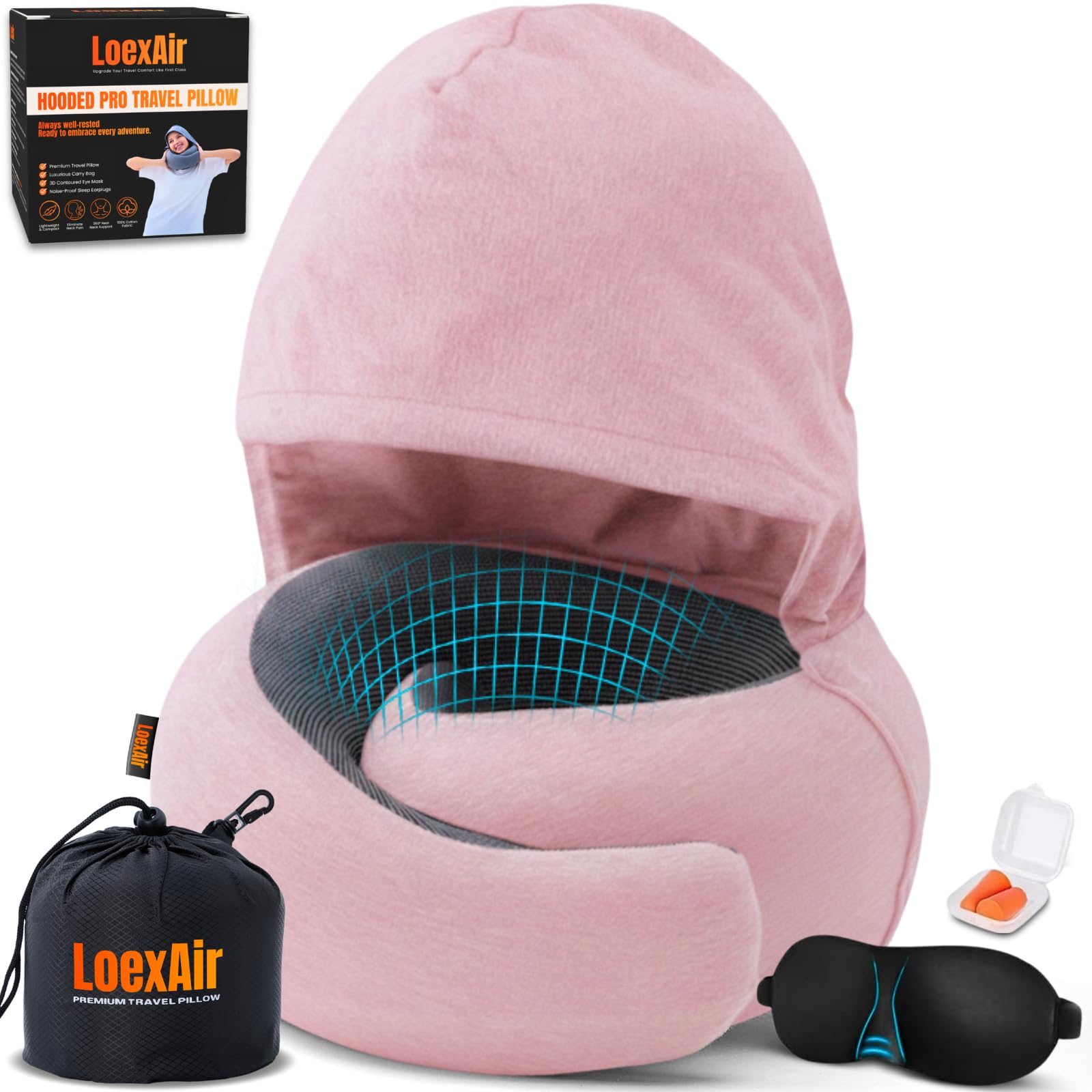 LOEXAIR™ Hooded Pro Travel Pillow - Memory Foam Neck Support Pillow for Airplane, Flight - Super-Soft Pure Cotton Fabric, Maximum Privacy &