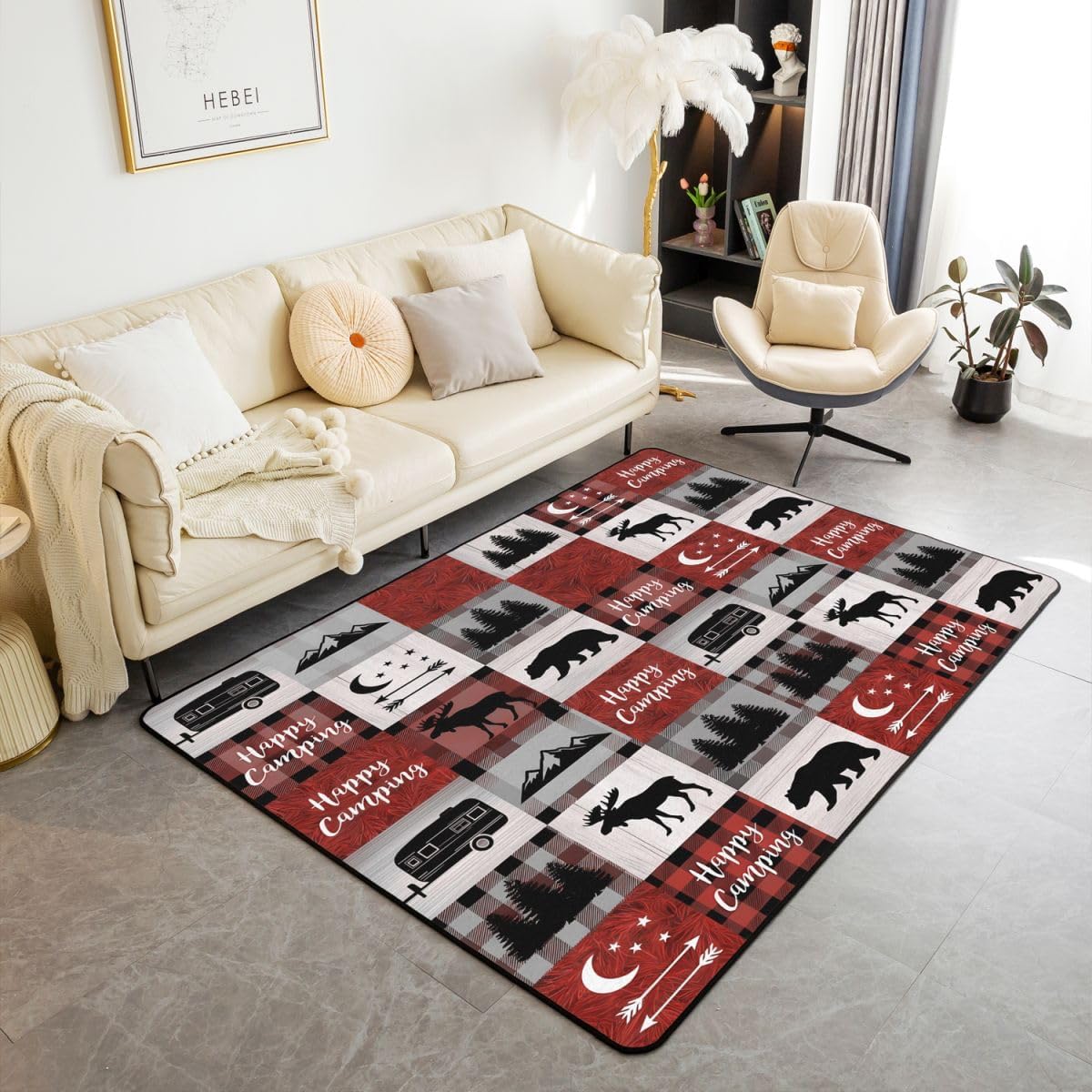 Erosebridal Happy Camping Area Rug 6'6" x 4'11" Rustic Bear Deer Living Room Rugs Rv Camper Mountain Geometric Elk Decorative Carpet Blue Patchwork Grid Wild Animals Indoor Floor Mat