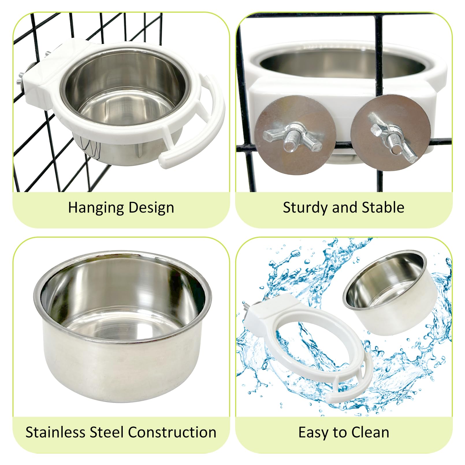 Stainless Steel Bird Bowls for Cage 2 Pcs Parrot Feeding Dish Metal Food and Water Cups Detachable Birds Cage Feeder Hanging Finch Food Plates with Perch for Parakeet Budgie Lovebird (White) - image 5
