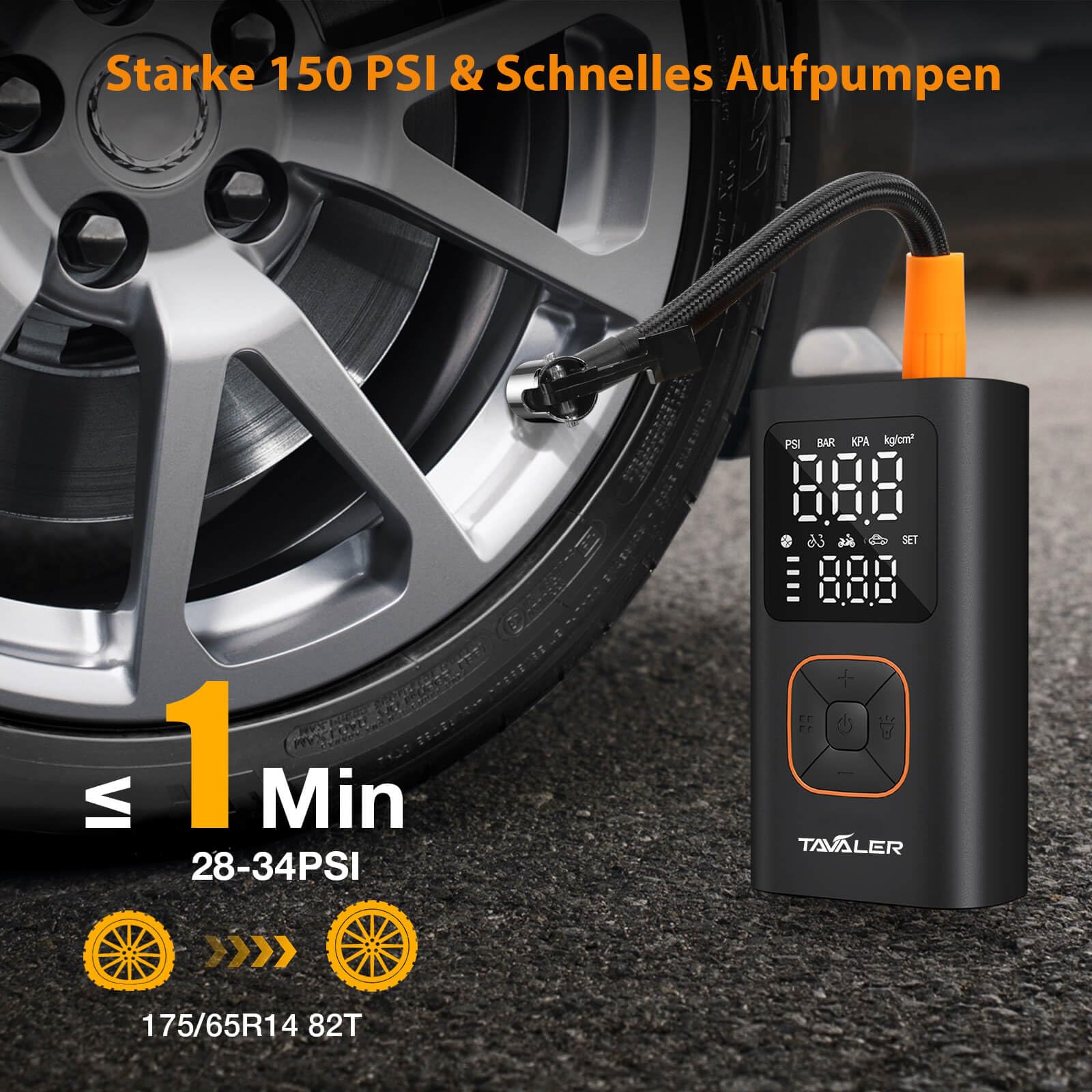 Tavaler Elektrische Luftpumpe Kabellose 150PSI Tragbare Akku Fahrradpumpe | Akku Luftpumpe Autostop, Memory Funktion Fahrradpumpe Elektrisch, LED-Licht Mini Kompressor für Auto E-Bike Fahrrad Motorrad